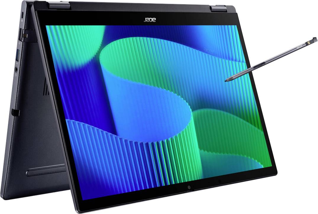 Ein 2-in-1-Laptop in Zeltstellung, der einen Stylus zeigt, der seinen lebendigen Bildschirm mit abstrakten blauen und grünen Formen berührt.