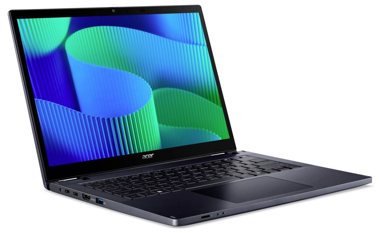 Ein silberner Laptop mit einem bunten abstrakten Muster auf dem Bildschirm, seitlich geöffnet, der seine Tastatur und das Touchpad zeigt.