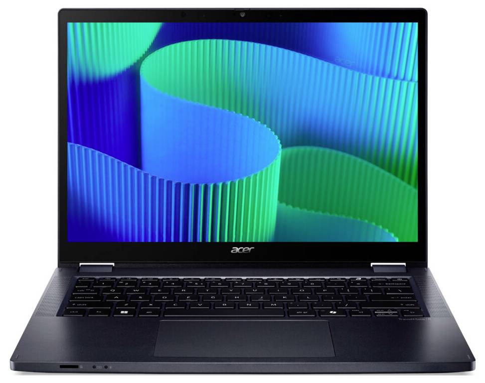 Ein Laptop, der auf seinem Bildschirm ein lebendiges abstraktes Muster aus blauen und grünen Wellen zeigt.