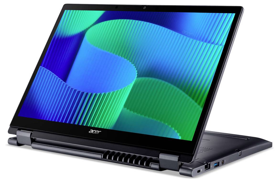 Ein Laptop mit einem lebhaften blauen und grünen Wellenmuster auf dem Bildschirm, in Zeltmodus aufgestellt, geeignet für Präsentationen.