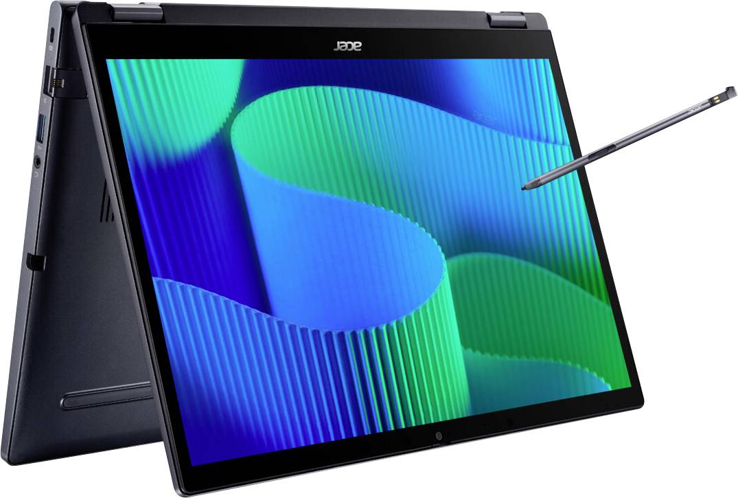 Ein schwarzes und silbernes Convertible-Laptop im Zeltmodus zeigt ein lebendiges grün-blaues abstraktes Wellenmuster auf dem Bildschirm, während ein Stylus in der Nähe schwebt.