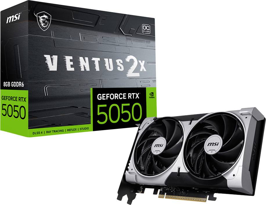 MSI Ventus 2X GeForce RTX 5050 Grafikkarte mit zwei Lüftern, 8GB GDDR6, mit Ray-Tracing und DLSS 3 mit Reflex Studio.