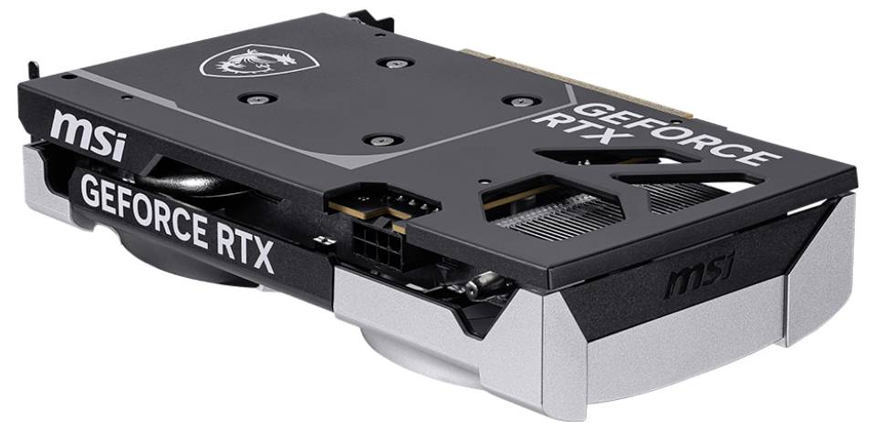 Eine schwarze MSI GeForce RTX Grafikkarte mit einem Kühlsystem mit zwei Lüftern, von der Seite betrachtet.