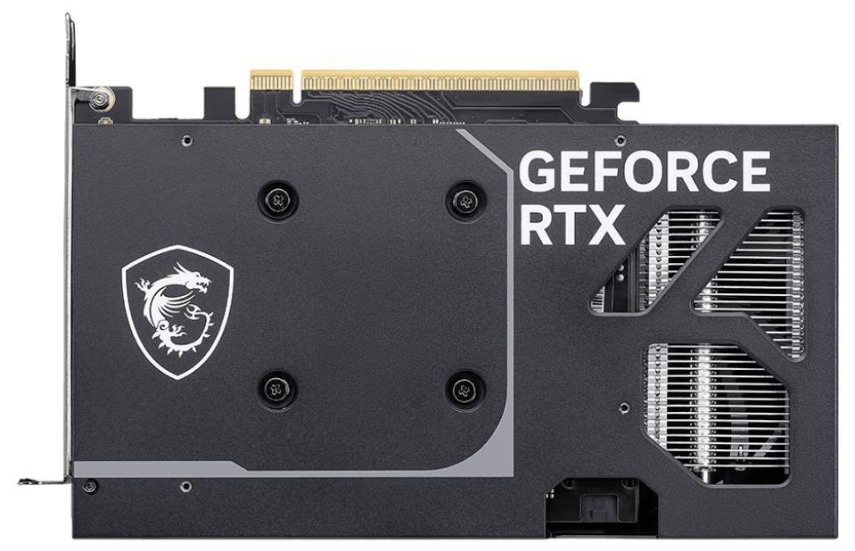 Eine Grafikkarte, die ihre Rückseite zeigt, mit 'GEFORCE RTX' Text und einem Drachenlogo, entwickelt für High-Performance-Computing.