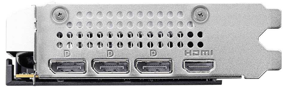 Rückseite einer Grafikkarte mit drei DisplayPort-Anschlüssen, die mit 'DP' gekennzeichnet sind, und einem HDMI-Anschluss.