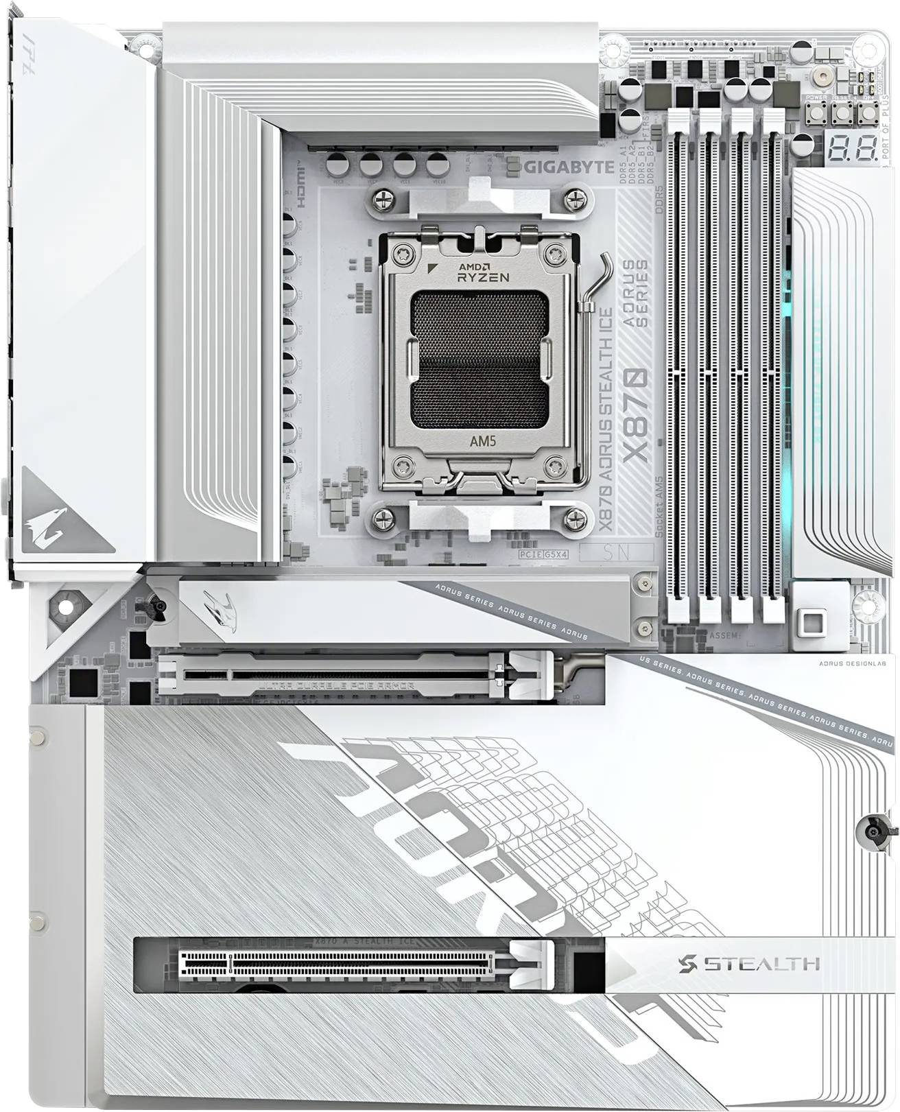 Weiße Mainboard für AMD Ryzen, ausgestattet mit mehreren RAM-Steckplätzen, PCIe-Steckplätzen und Anschlüssen, entwickelt für High-Performance-Computing.