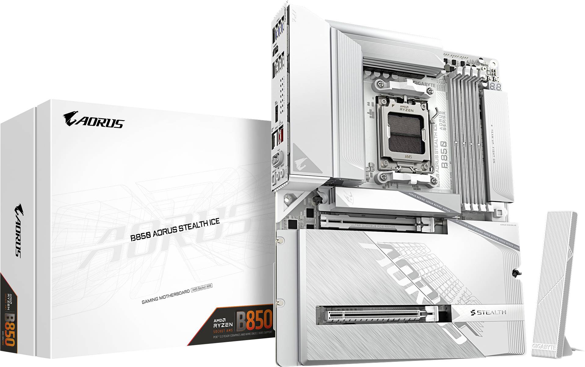Eine weiße B650 AORUS STEALTH Mainboard mit einer passenden Verpackung, entwickelt für Gamer, mit optimierter Kabelführung.