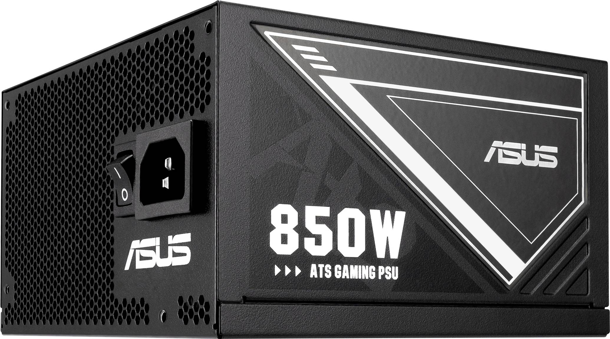 ASUS 850W ATS Gaming-Netzteil, geschrieben auf einem schwarzen Netzteilgehäuse, mit einem Lüfter auf einer Seite und einem Netzschalter, was auf ein spielerspezifisches Design hinweist.