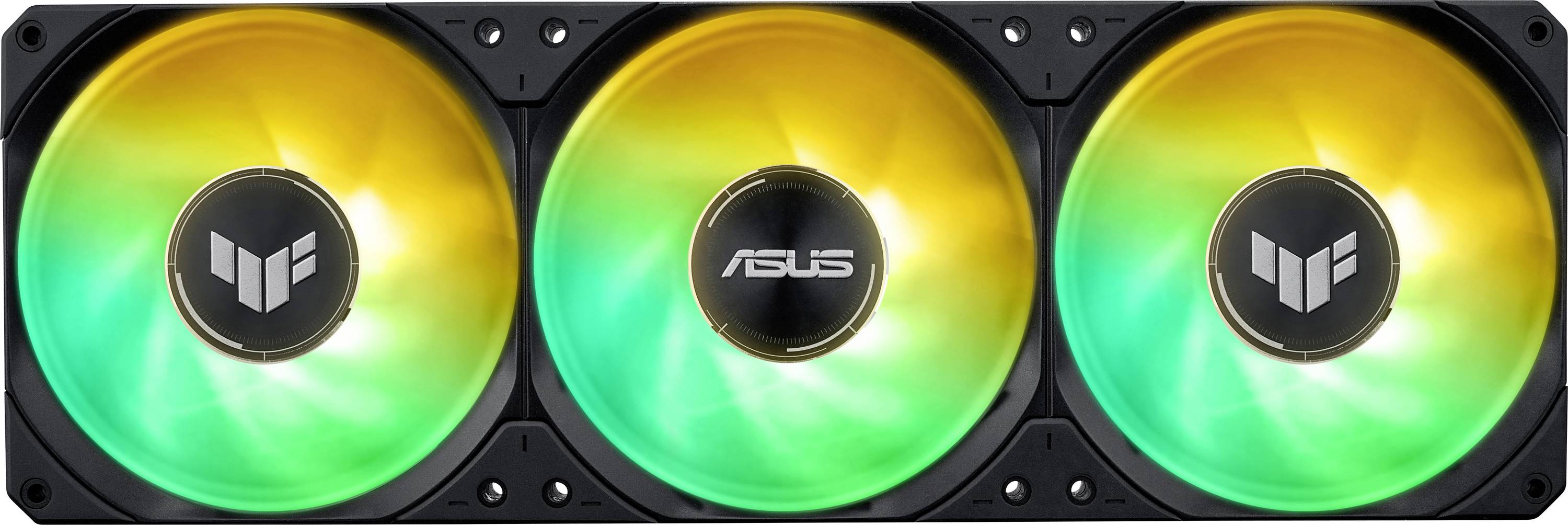 Eine Reihe von drei Computerkühllüftern mit RGB-Beleuchtung, die gelbe und grüne Farben zeigen und mit den Logos von 'ASUS' und 'TUF' markiert sind.