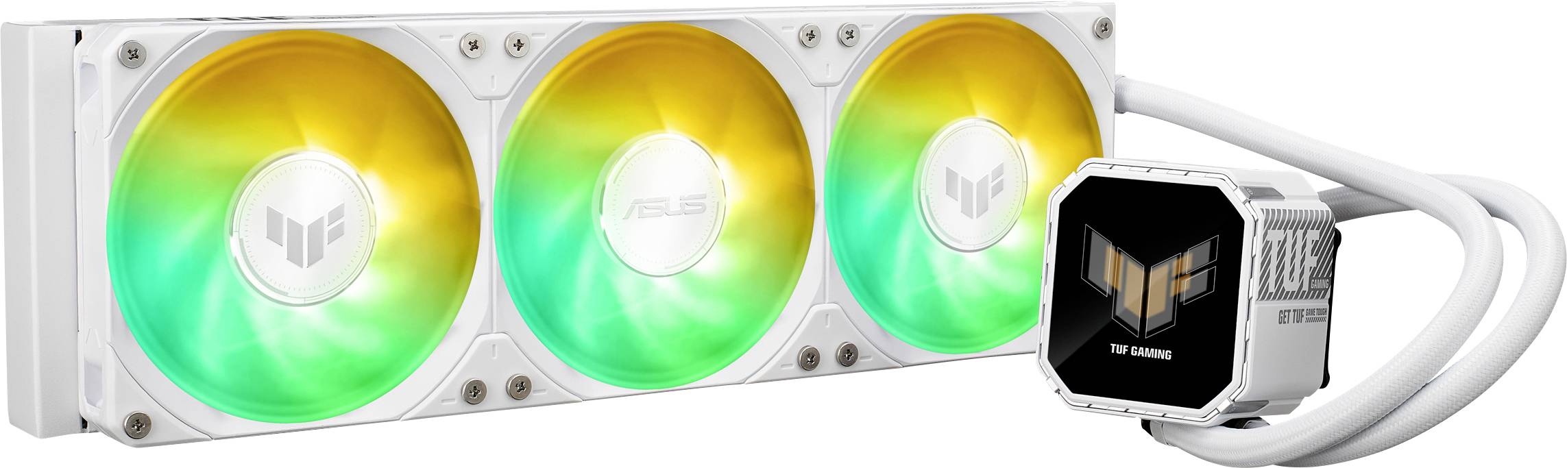 Ein Gaming-CPU-Kühler mit drei RGB-Lüftern und einem TUF-Gaming-Logo auf einem weißen Pumpengehäuse, entwickelt für verbesserte Kühlleistung.