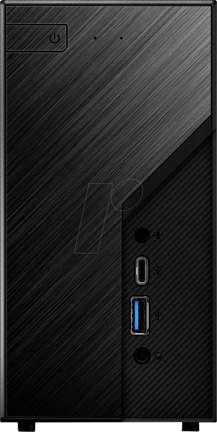 Ein kompakter schwarzer Computertower mit einem Einschaltknopf, USB-C-Anschluss, USB-A-Anschluss und Audioeingang an der Frontseite. Die Oberfläche weist eine diagonale gebürstete Textur auf.