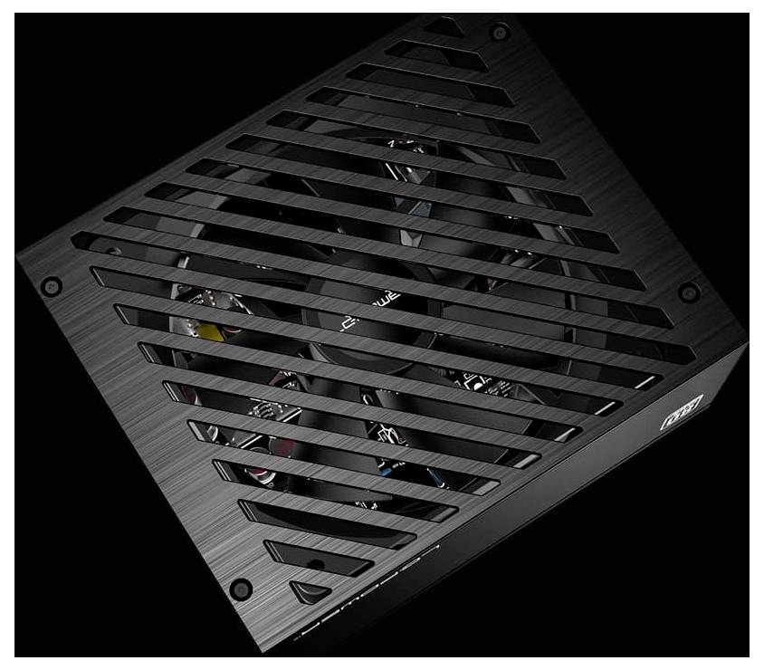 Eine schwarze Computer-Netzteileinheit mit einem Lüfter zur Belüftung, Markenetikett 