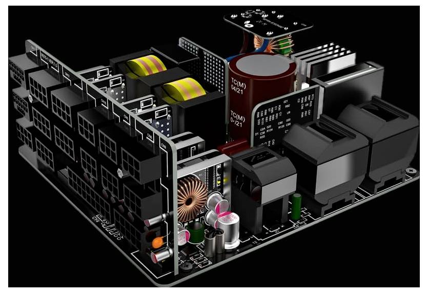 Eine detaillierte Illustration der Innenkomponenten eines Computer-Netzteils, die Kondensatoren, Spulen und Kühlkörper auf einer Leiterplatte zeigt.