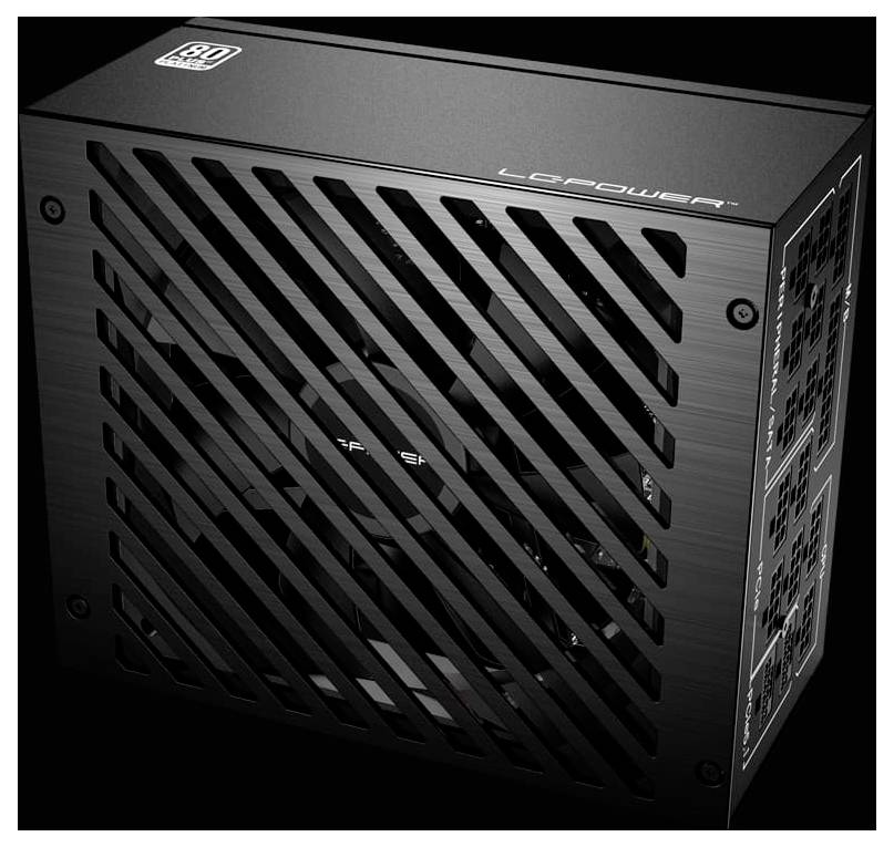Eine schwarze Computer-Netzteileinheit mit Lamellenlayout, die ein Markenlogo und verschiedene Anschlussports an der Seite aufweist.