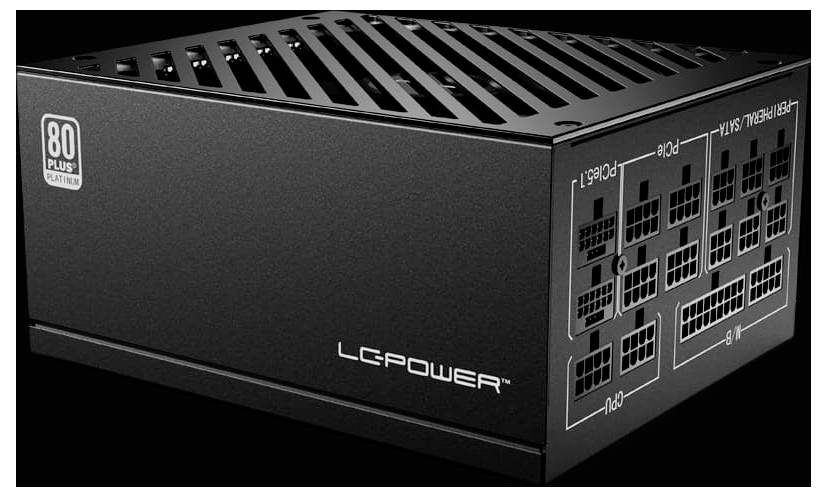 Modulares Netzteil der Marke 'LC-Power' mit mehreren Anschlüssen und einer Effizienzlabel-Zertifizierung '80 Plus Platinum'.