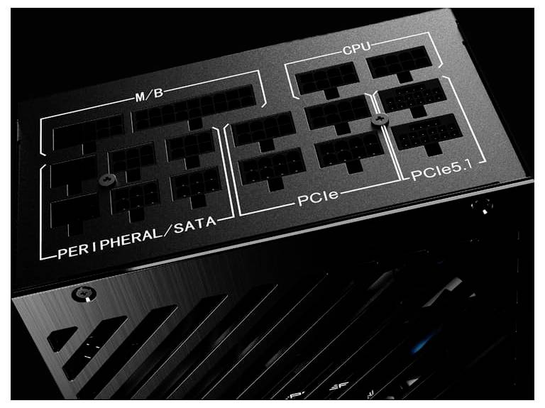 Netzteil mit beschrifteten Anschlüssen: M/B, CPU, Peripheral/SATA, PCIe, PCIe5.1. Entwickelt zum Anschluss von Komponenten innerhalb eines Computers.