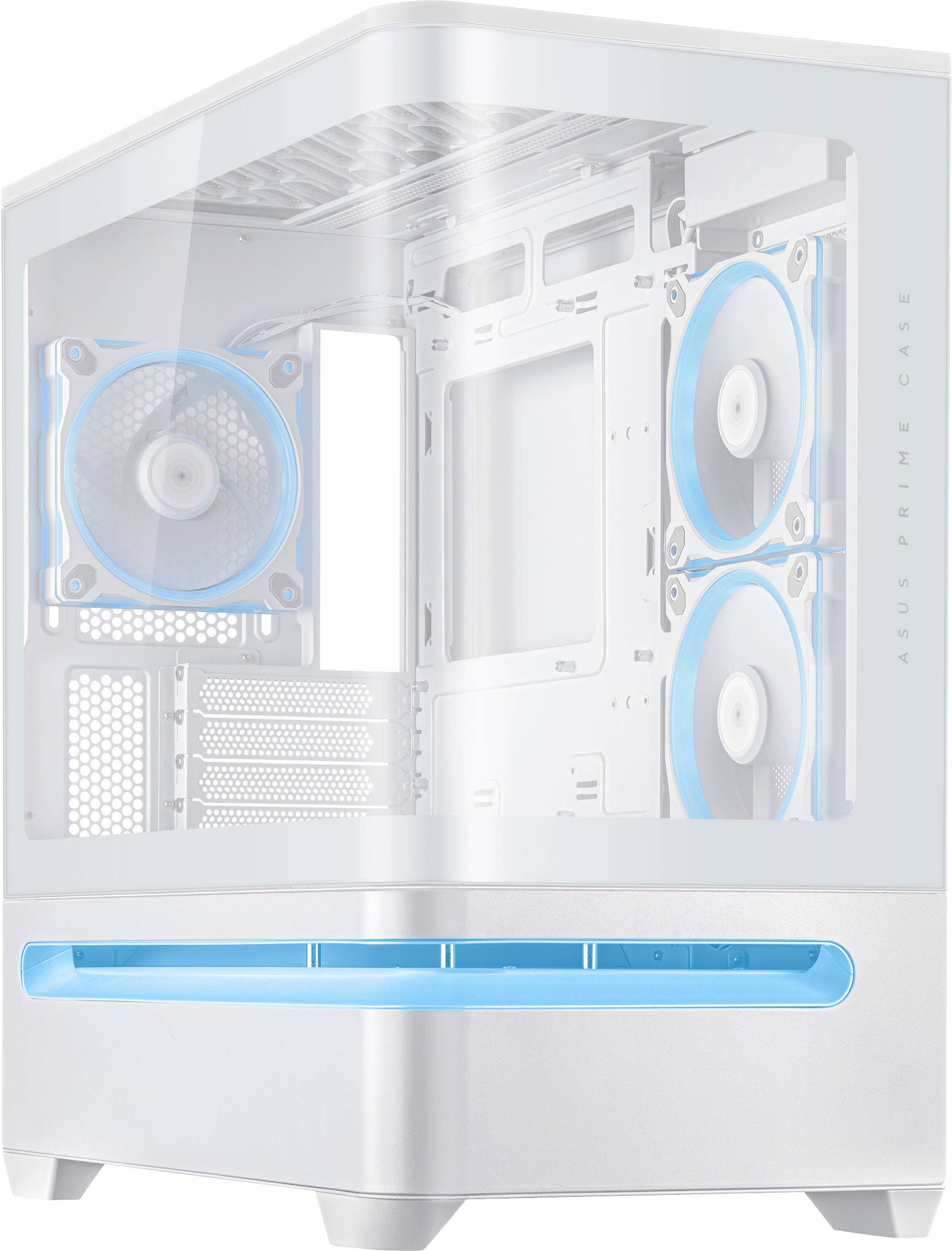 Ein weißes Computergehäuse mit transparenten Seiten zeigt drei blau beleuchtete Kühlventilatoren und präsentiert damit ein modernes und minimalistisches Design.