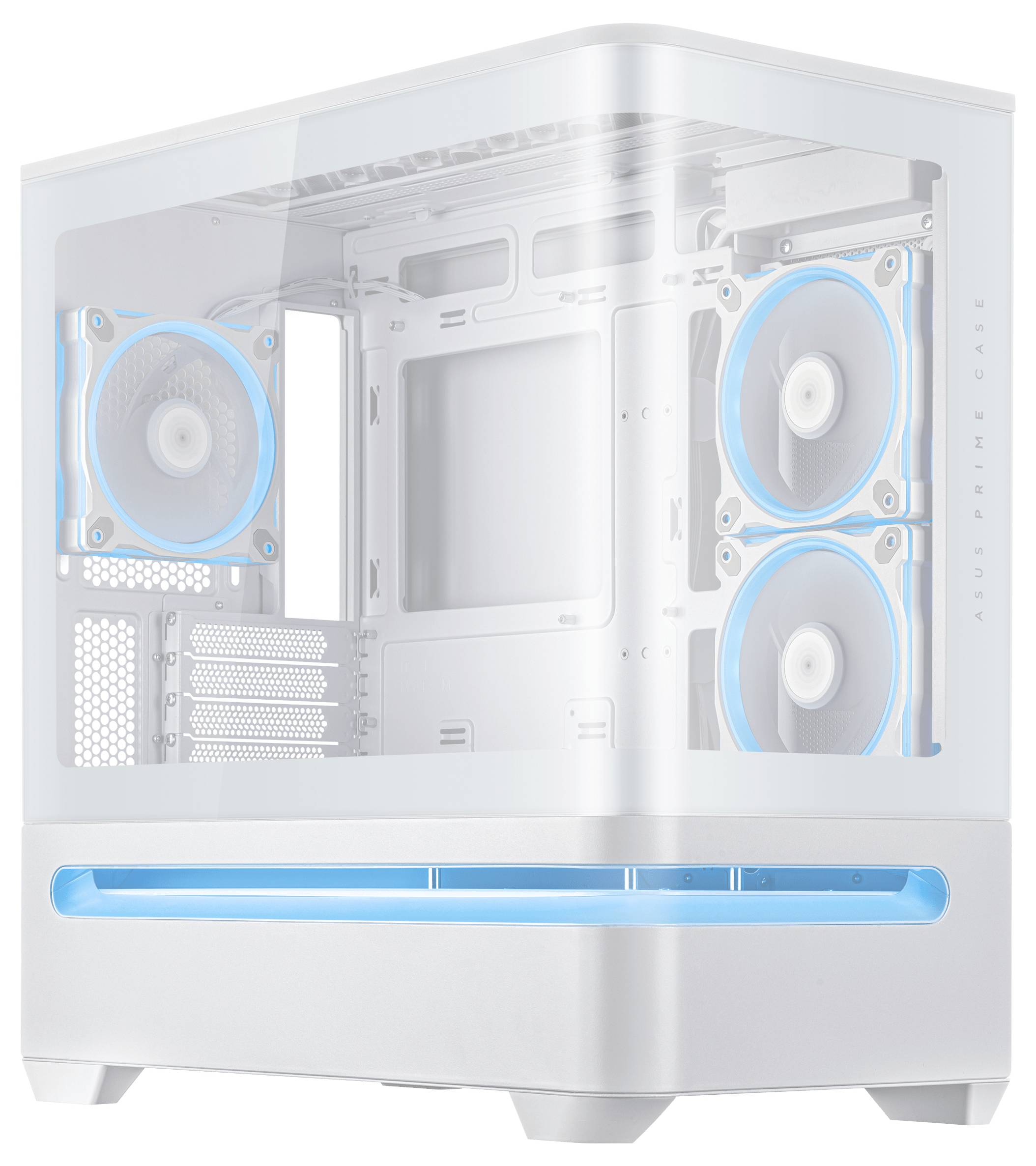 Ein schlankes weißes Computergehäuse mit transparenten Scheiben, das ein Innenleben mit blau beleuchteten Lüftern und Einschüben für Komponenten offenbart.