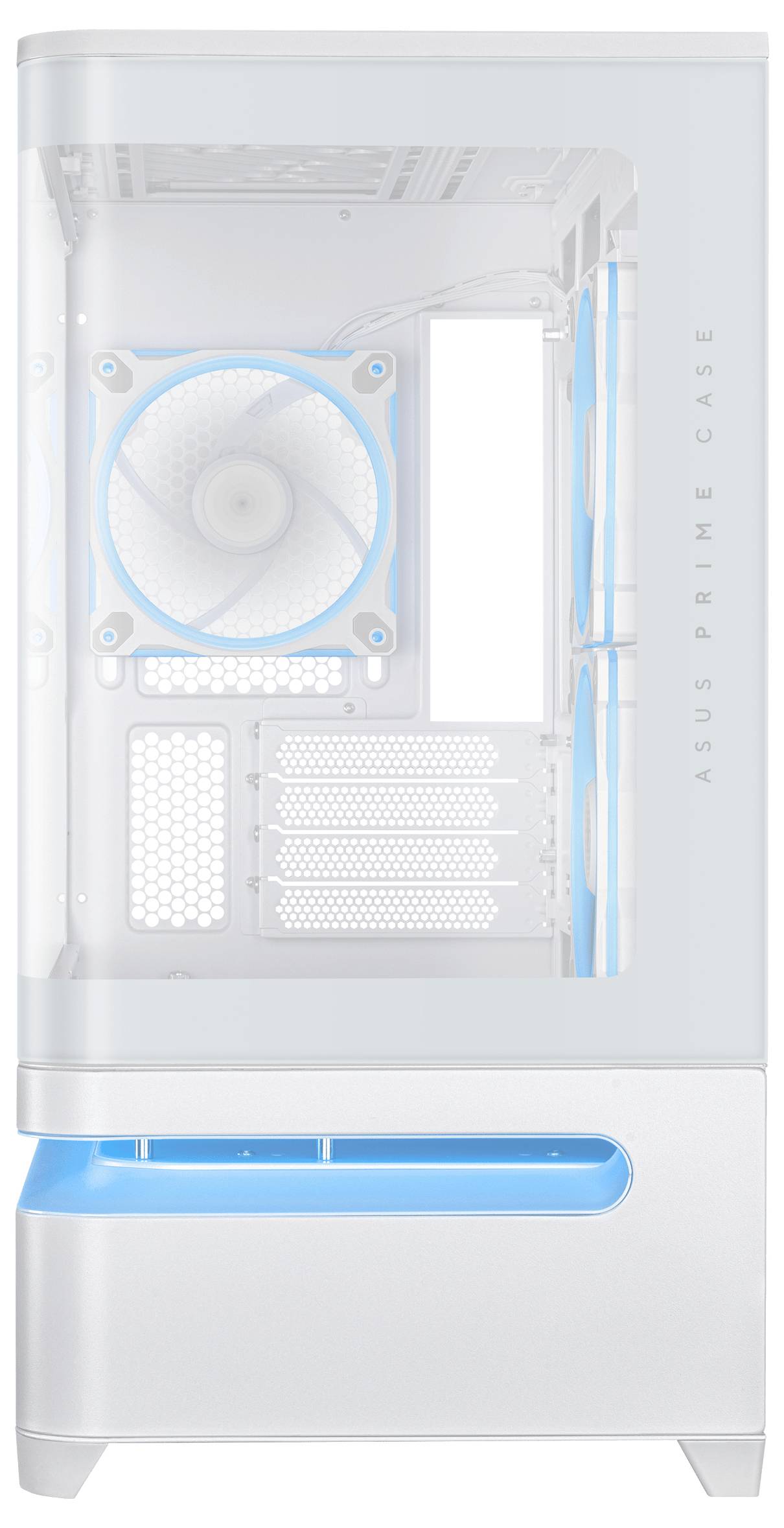 Ein weißes Computergehäuse mit transparenten Seiten, das blaue Kühlventilatoren im Inneren zur Schau stellt.