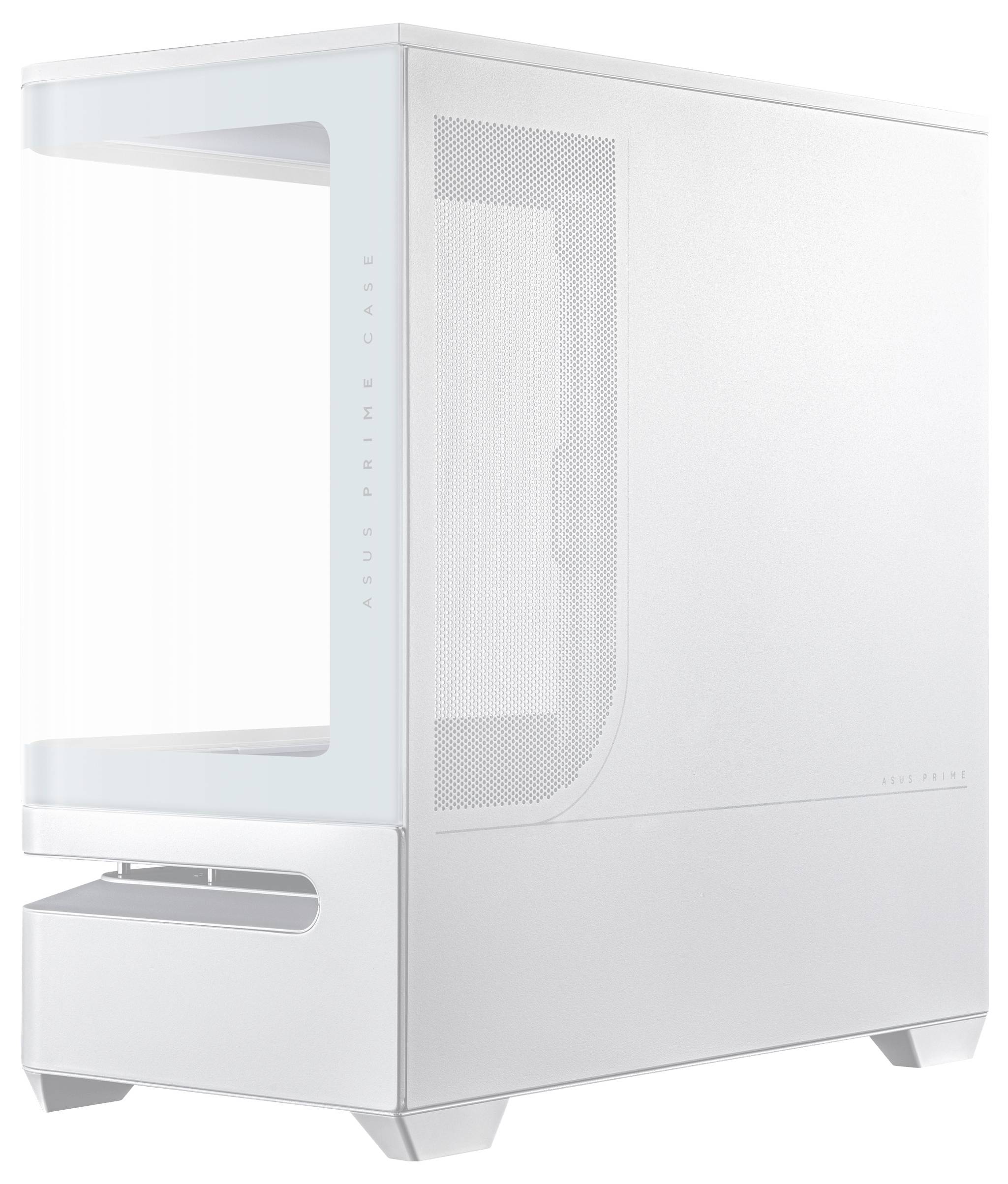 Ein schlankes, minimalistisches weißes Computergehäuse mit einer transparenten Seitenscheibe, die den Innenraum für Komponenten präsentiert.