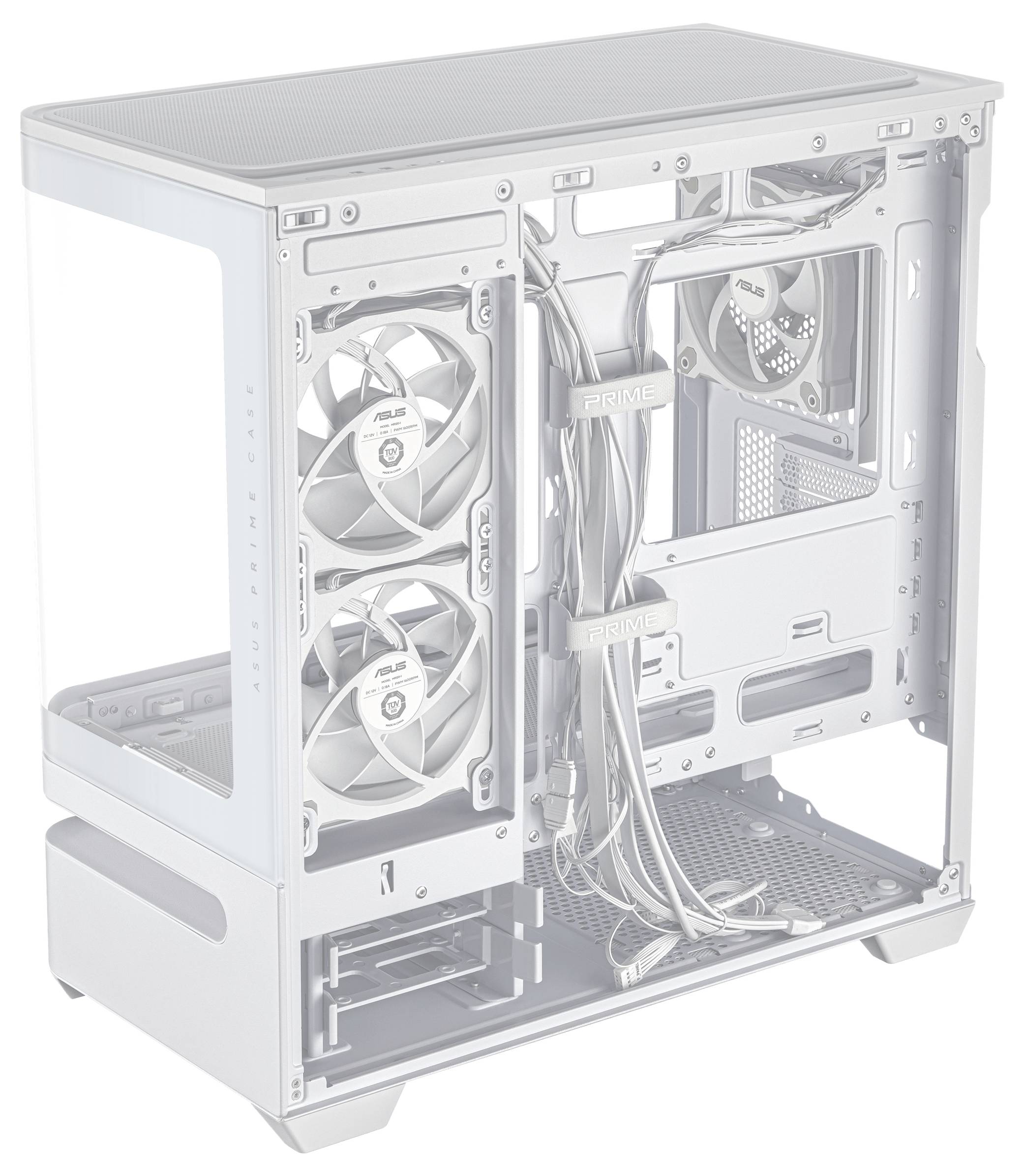 Ein Mid-Tower-Computergehäuse, das die interne Kabelführung, Lüfterpositionen und Motherboard-Montagepunkte zeigt und einen übersichtlichen, aufgeräumten Aufbau betont.