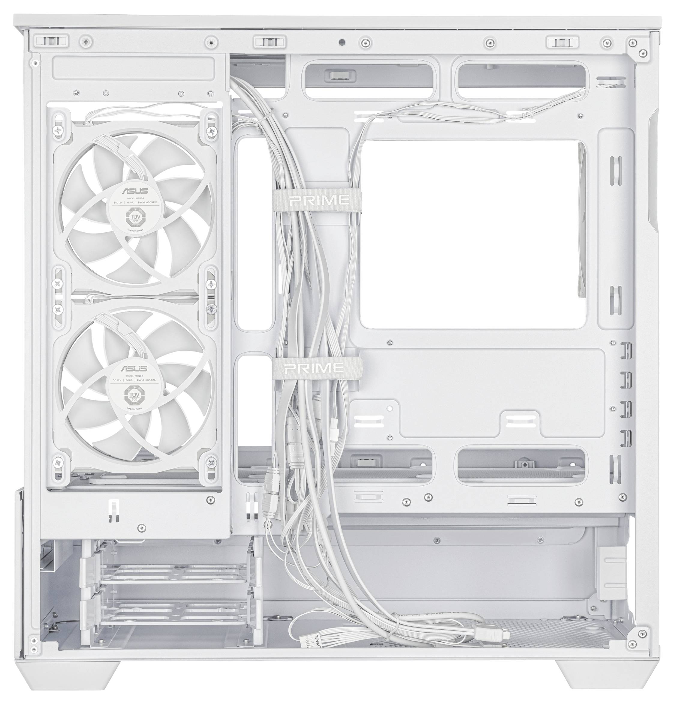 Weißes Computergehäuse mit sichtbarer Innenstruktur, zwei großen Kühlventilatoren, Kabelmanagement-Funktionen und einer geräumigen Anordnung für Komponenten.