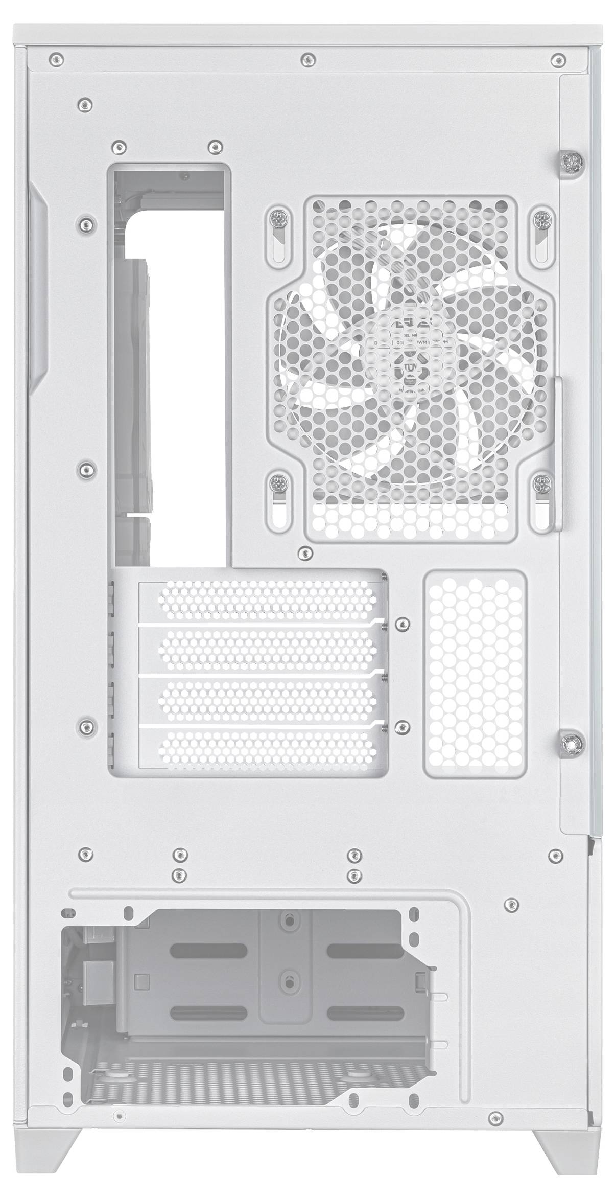 Rückansicht eines weißen Computergehäuses mit Lüftungsgittern, Lüfter, Erweiterungssteckplätzen und Netzteilschacht.