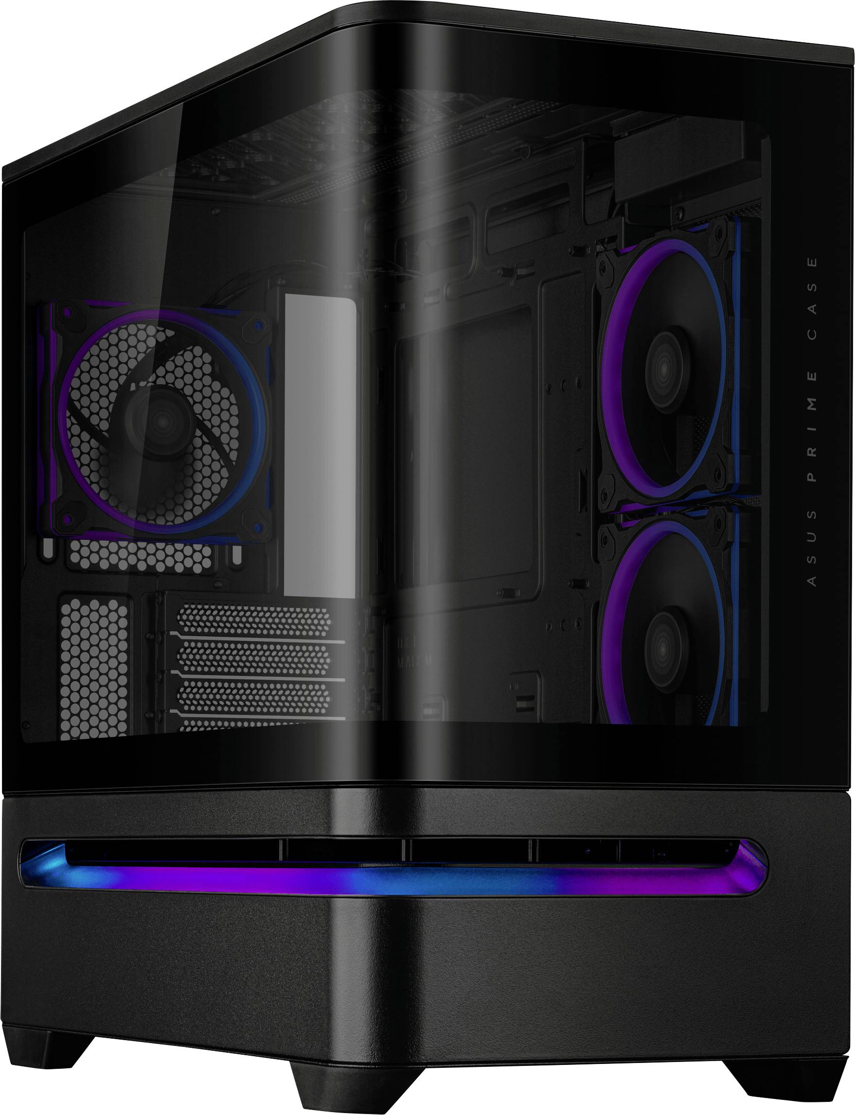 Ein schlankes Gaming-PC-Gehäuse mit gebogener Glasfront und sichtbaren RGB-Beleuchtungen im Inneren, die zwei Lüfter zeigen. Das Gehäusemodell ist das 'ASUS Prime Case'.