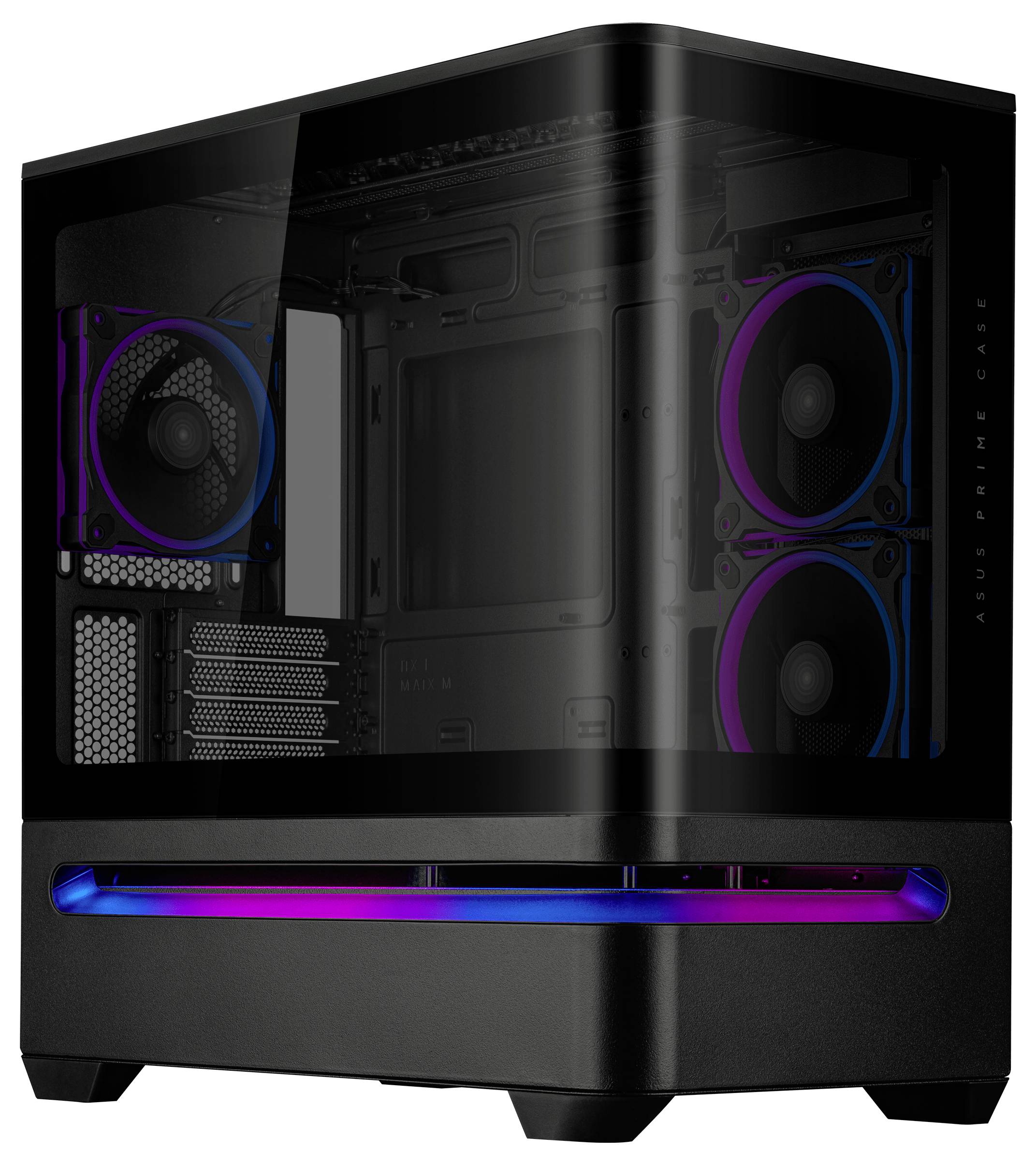 Ein schwarzes Computergehäuse mit transparentem Seitenfenster, das RGB-Beleuchtung und drei Kühlventilatoren zeigt.