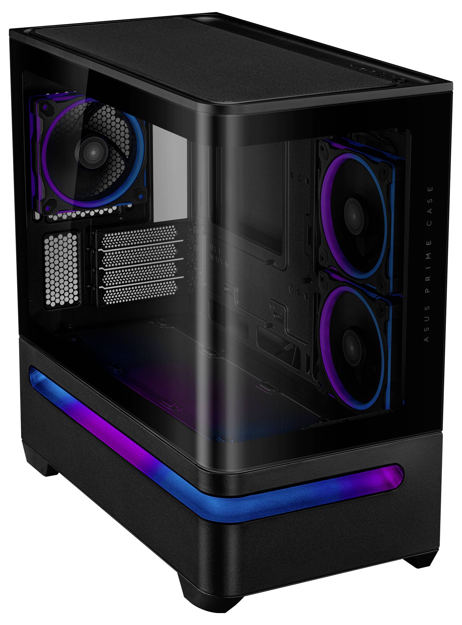 Ein schlankes schwarzes Computer-Tower-Gehäuse mit transparentem Seitenpanel, das die internen Kühlventilatoren und LED-Beleuchtung zeigt und dabei modernes Design betont.