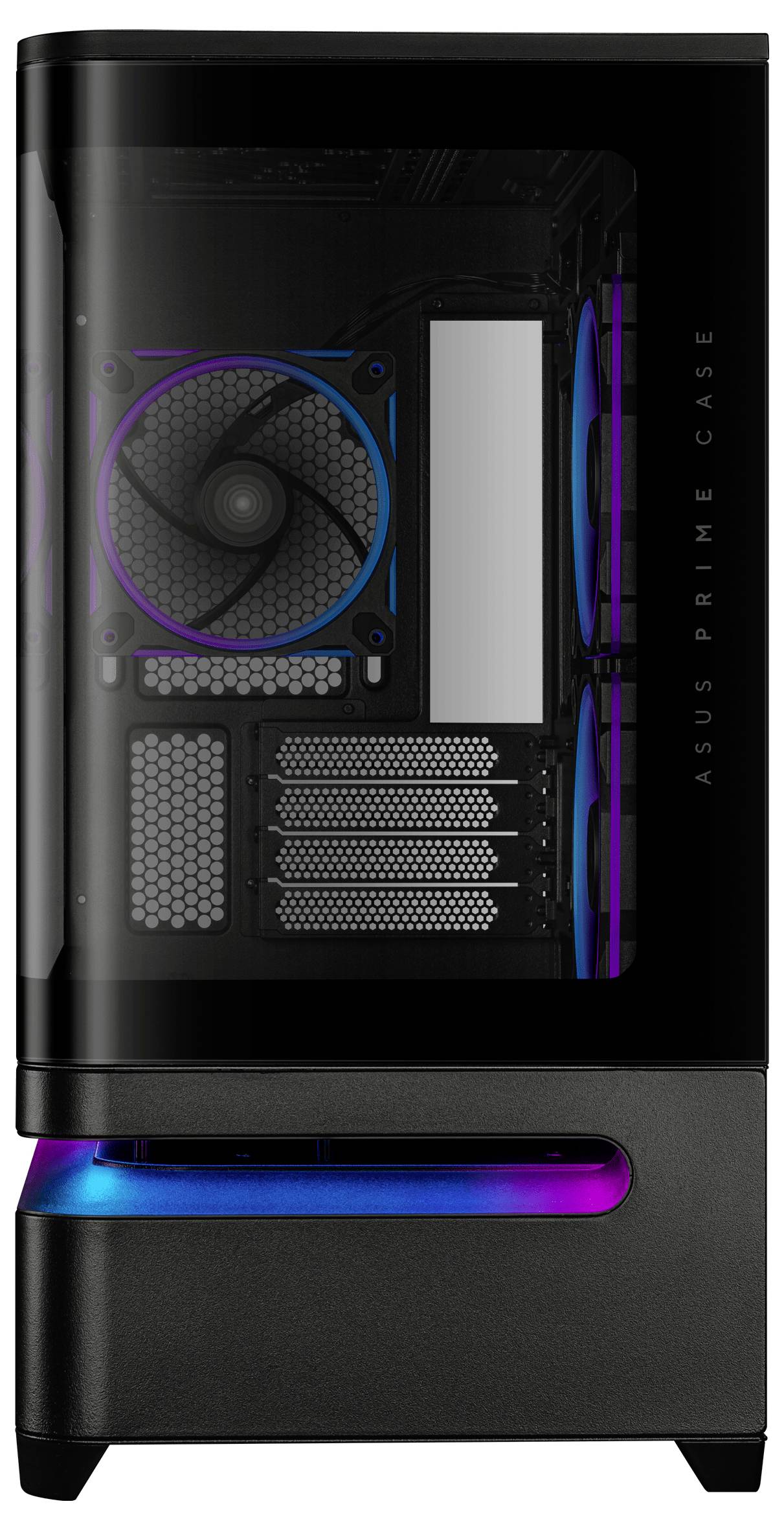 Ein schlankes schwarzes Computergehäuse mit transparentem Seitenfenster, das interne Lüfter und RGB-Beleuchtung zeigt. Beschriftet mit 'ASUS Prime Gehäuse.'