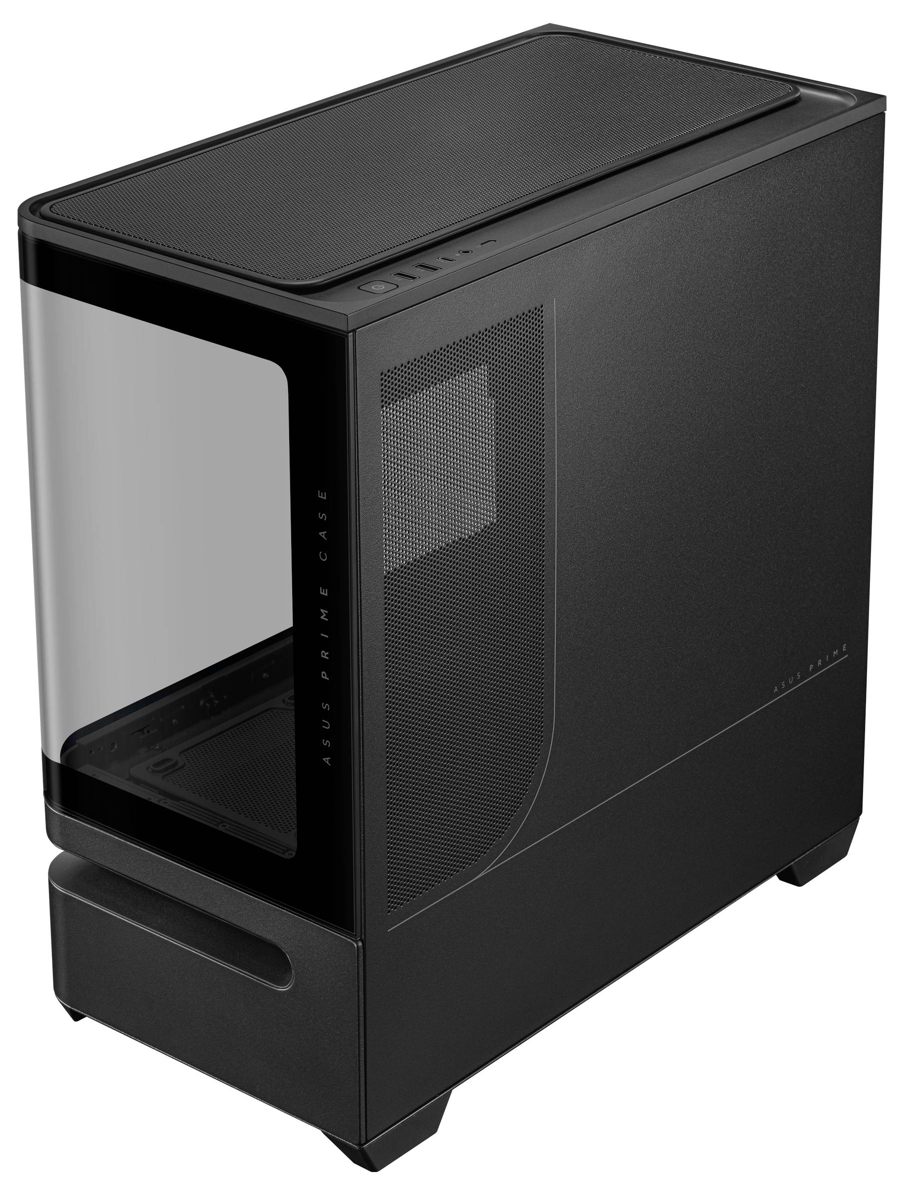 Ein schlankes schwarzes Computergehäuse mit einer transparenten Seitenscheibe ermöglicht einen Blick auf die Innenkomponenten. Das Design ist modern und minimalistisch.