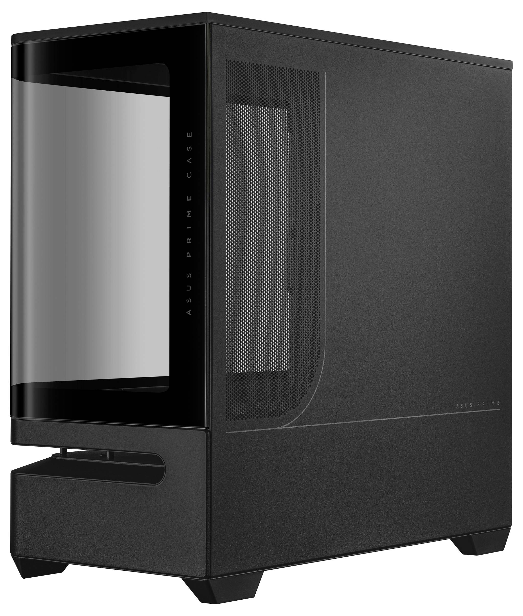 Ein schlankes, schwarzes Computergehäuse mit einer geschwungenen transparenten Seitenscheibe auf der linken Seite und einer Meshfront für optimale Luftzirkulation. Die Marke 'ASUS Prime Case' ist gut sichtbar.