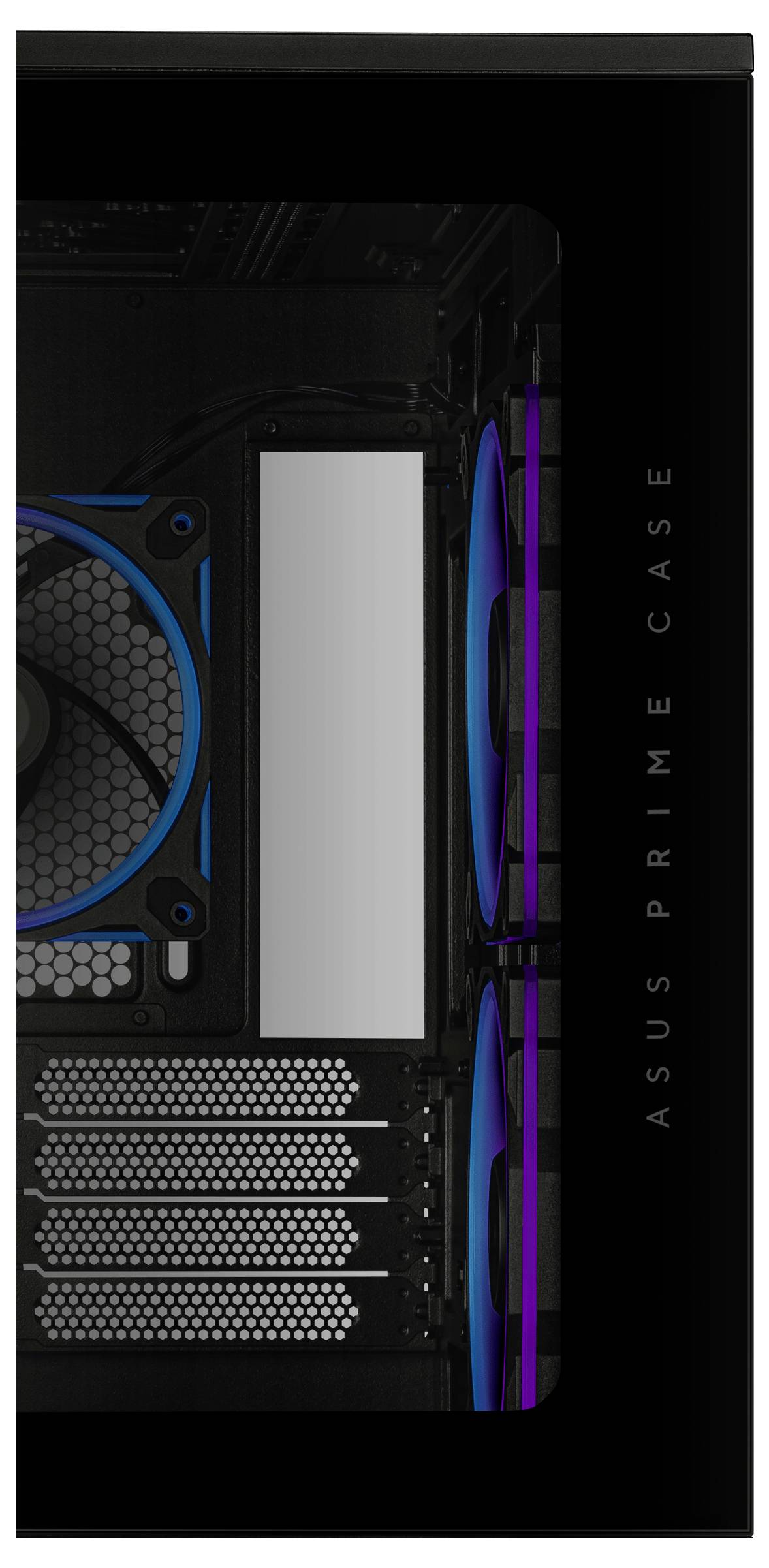 Ein Computergehäuse mit mehreren Kühlventilatoren und einem schwarzen, eleganten Design, beschriftet mit 'ASUS Prime Gehäuse'.