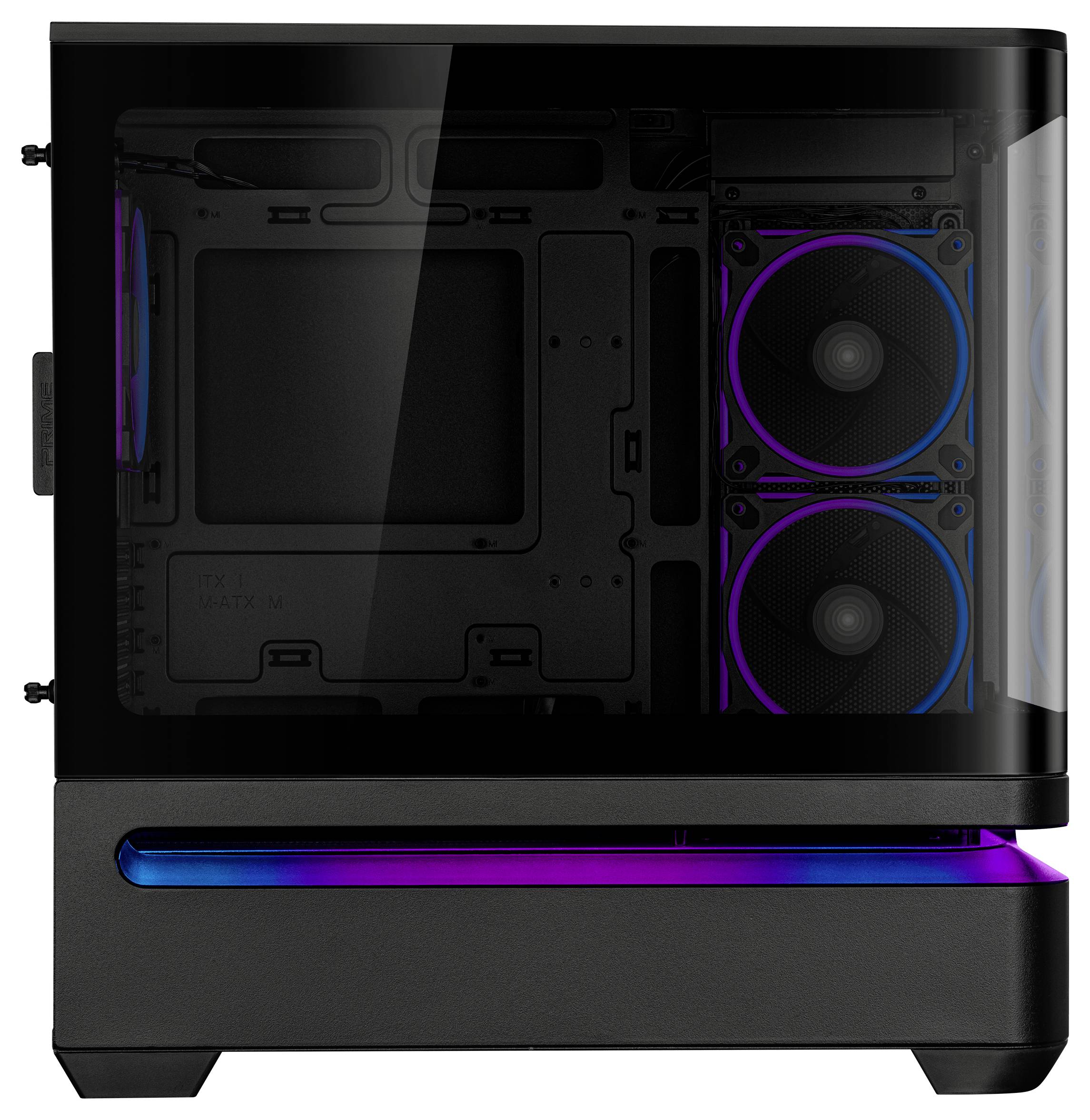 Ein schwarzes Computergehäuse mit einer Glasscheibe, das zwei RGB-beleuchtete Lüfter und Platz für Komponenten im Inneren zeigt.