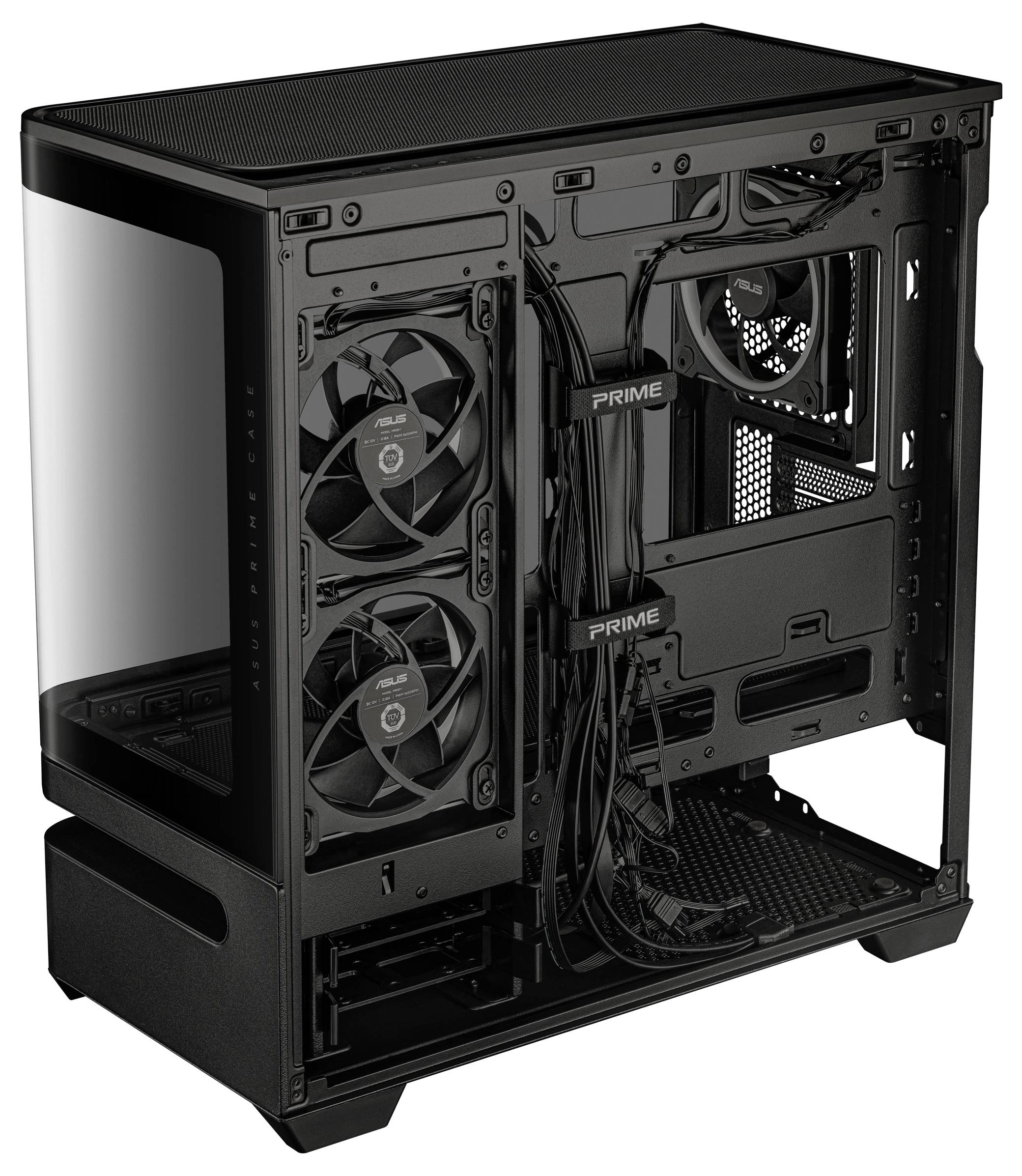 Ein Computergehäuse mit mehreren Lüftungsöffnungen, Kabelmanagement-Funktionen und einer transparenten Seitenscheibe, das sein geräumiges Innendesign präsentiert.