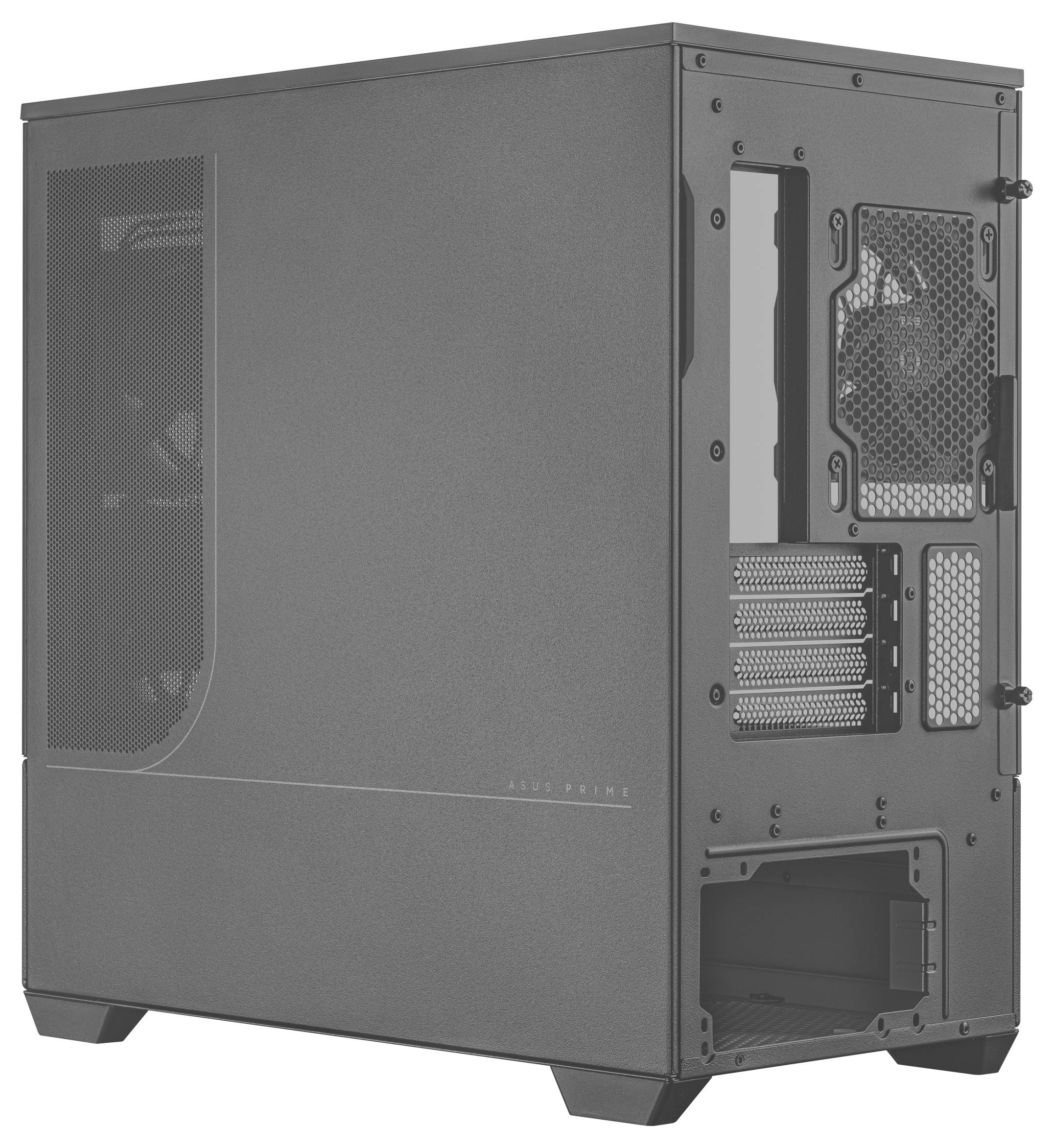 Ein grauer Computer-Tower-Gehäuse mit seitlichen Lüftungsschlitzen und mehreren Steckplätzen für Komponenten, von hinten aufgenommen; keine Komponenten sind eingebaut.