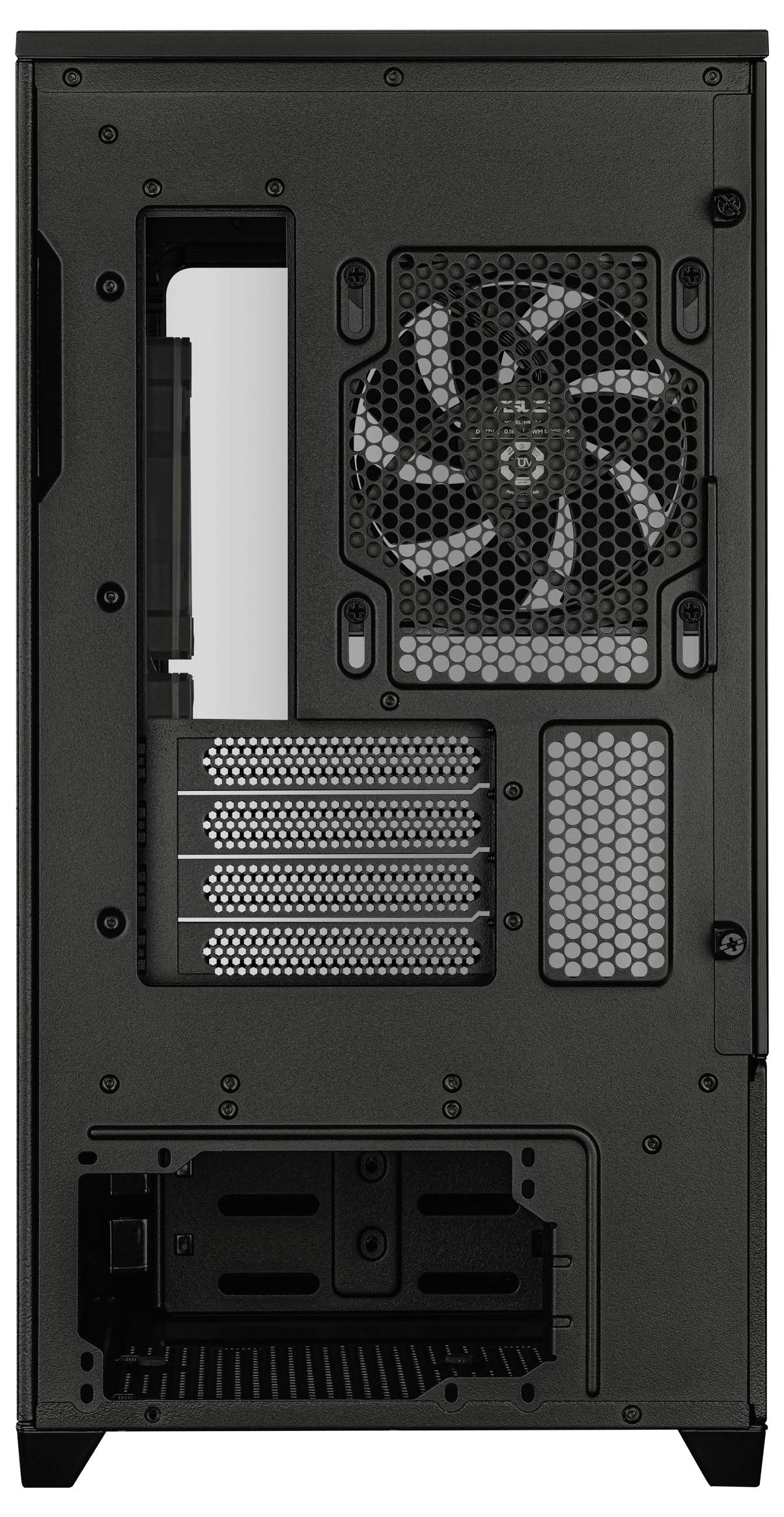 Ein schwarzes Computergehäuse mit Rückseite, die einen Kühlventilator, mehrere Erweiterungssteckplätze und ein Wabenmuster zur Belüftung aufweist.