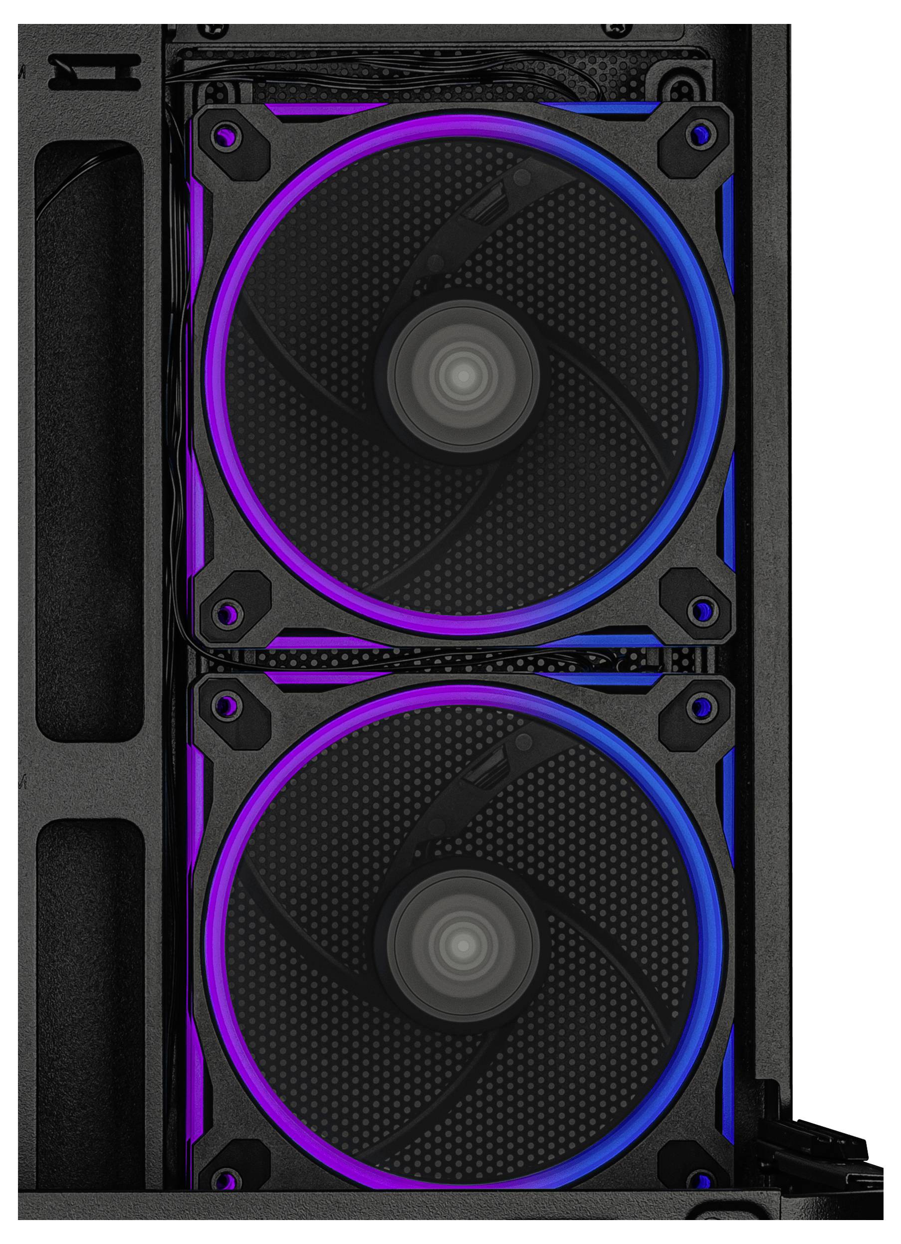 Zwei Computerkühlventilatoren mit LED-Beleuchtung in Mehrfarboptik, vertikal in einem schwarzen Gehäuse montiert, die blaue und lila Farbtöne ausstrahlen.