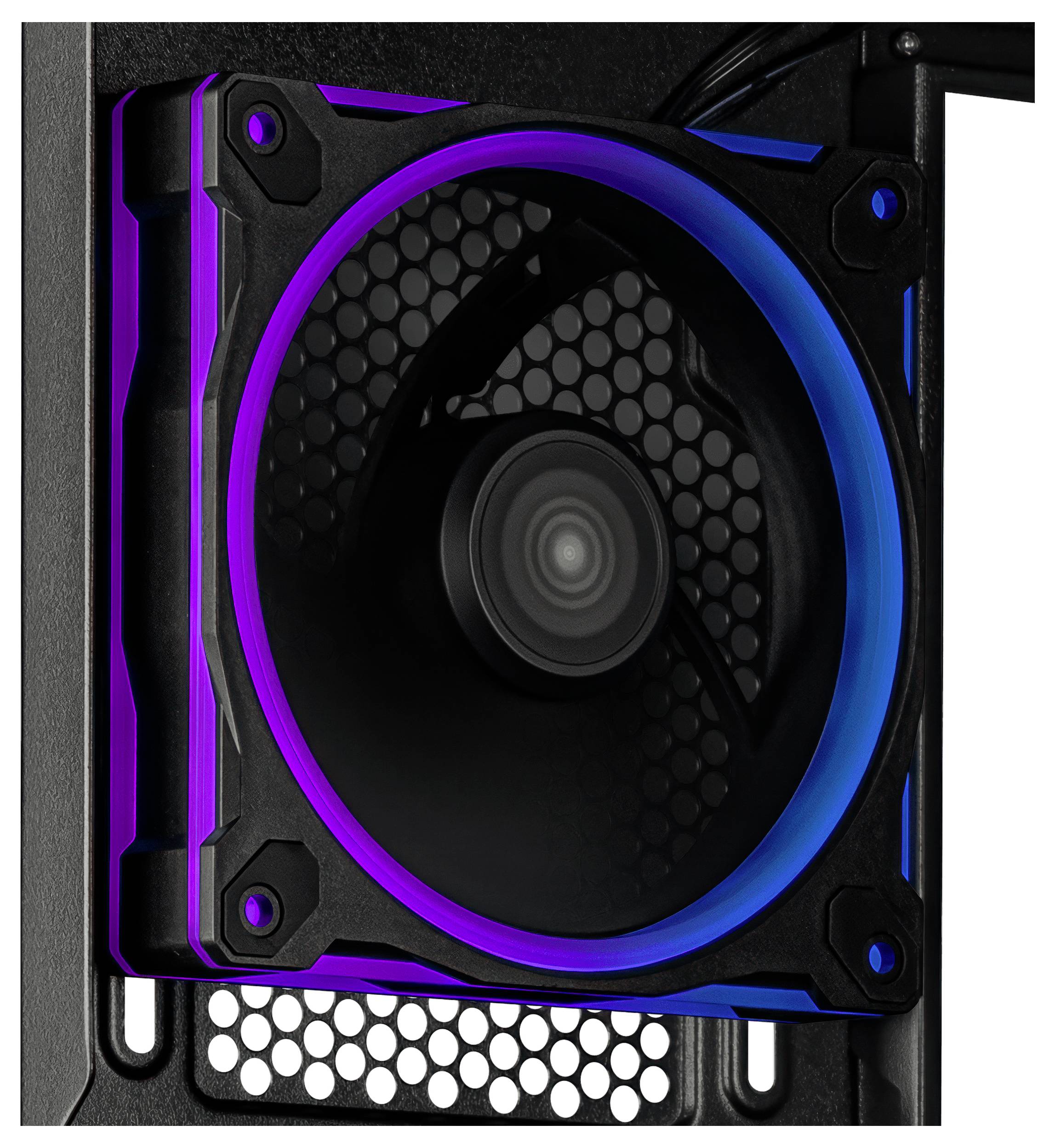 Ein Computerlüfter mit schwarzem Gitterdesign, ausgestattet mit blauer und lila LED-Beleuchtung, der auf einem schwarzen Computergehäuse installiert ist.