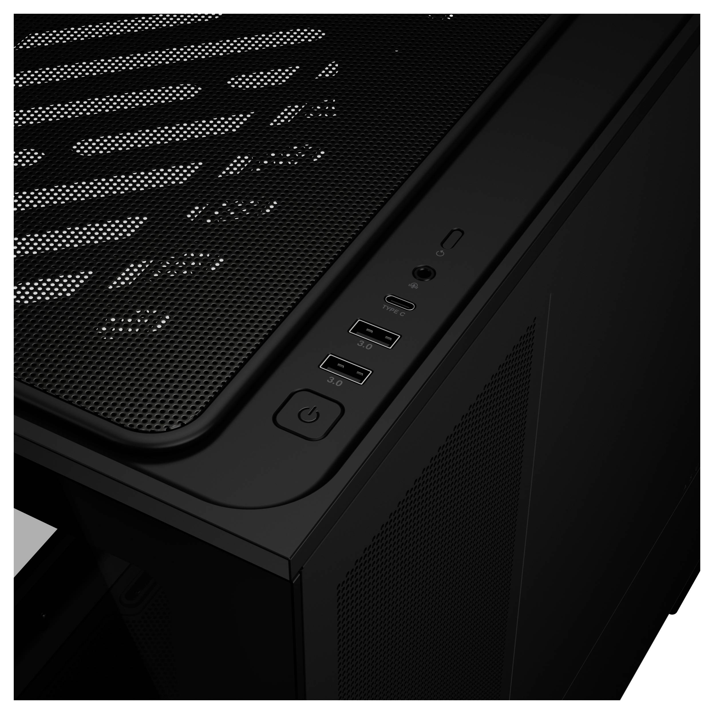 Ein schwarzer Computertower, der seine Oberseite mit einem Meshpanel und vorderen I/O-Anschlüssen zeigt, einschließlich eines Powerbuttons, USB-Anschlüssen und einer Audiobuchse.
