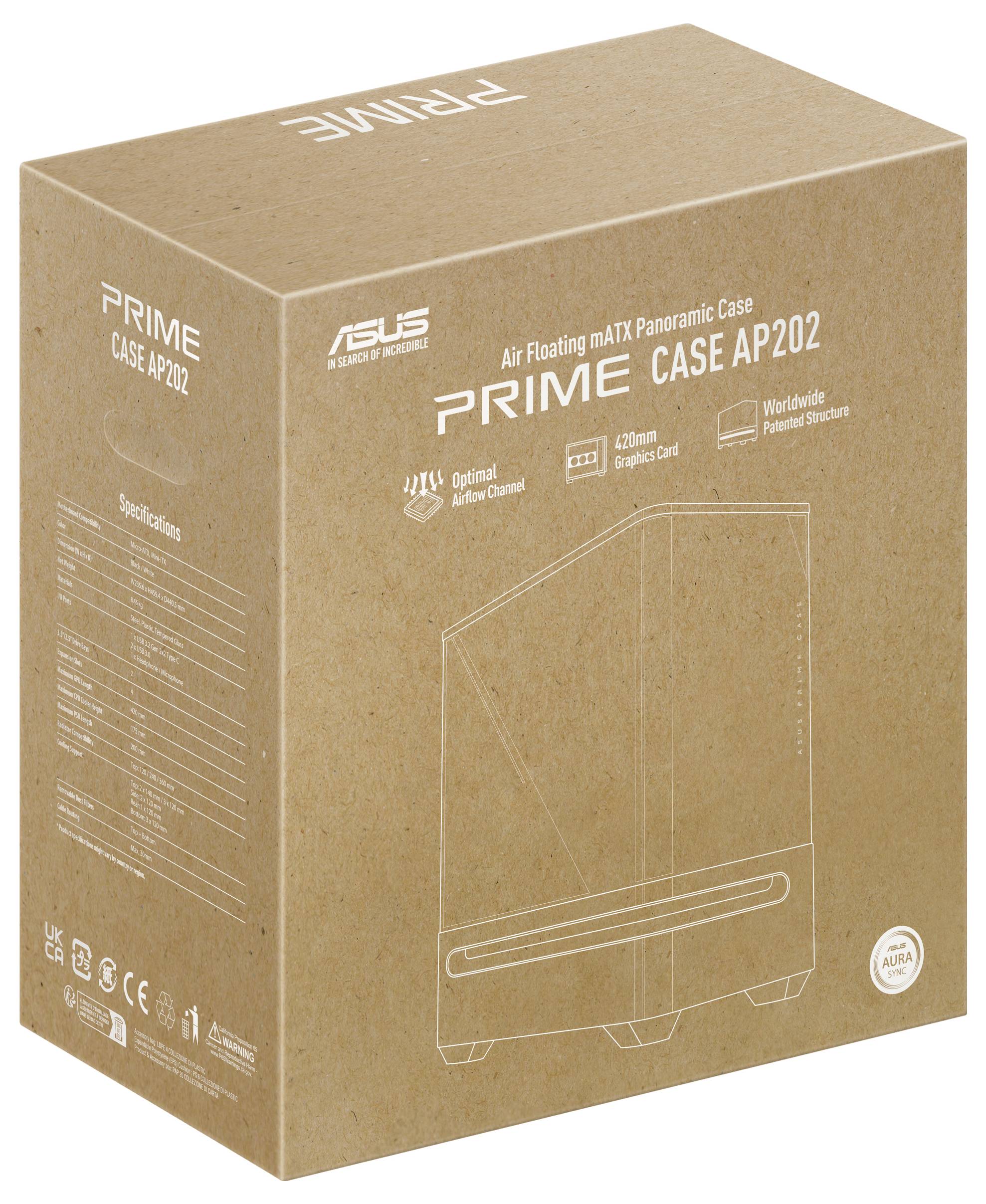 Braune Kartonverpackung für das 'ASUS Prime Case AP202', mit Produktspezifikationen, die optimale Luftzirkulation und kompaktes Design beinhalten.