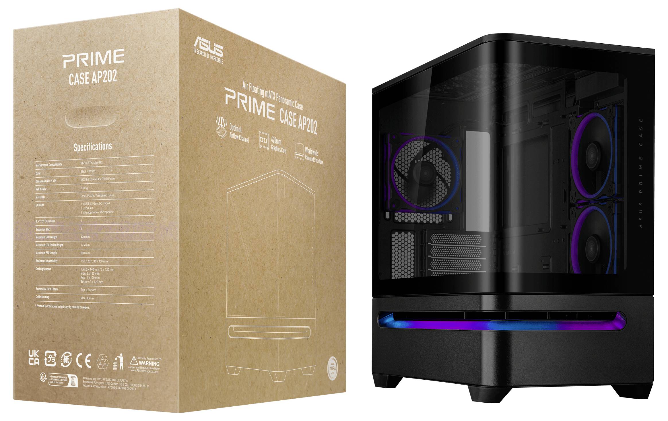 Ein Computergehäuse mit Frontscheibe und Seitenscheibe aus gehärtetem Glas, das RGB-Beleuchtung präsentiert. Daneben die Verpackung mit der Aufschrift „PRIME CASE AP201