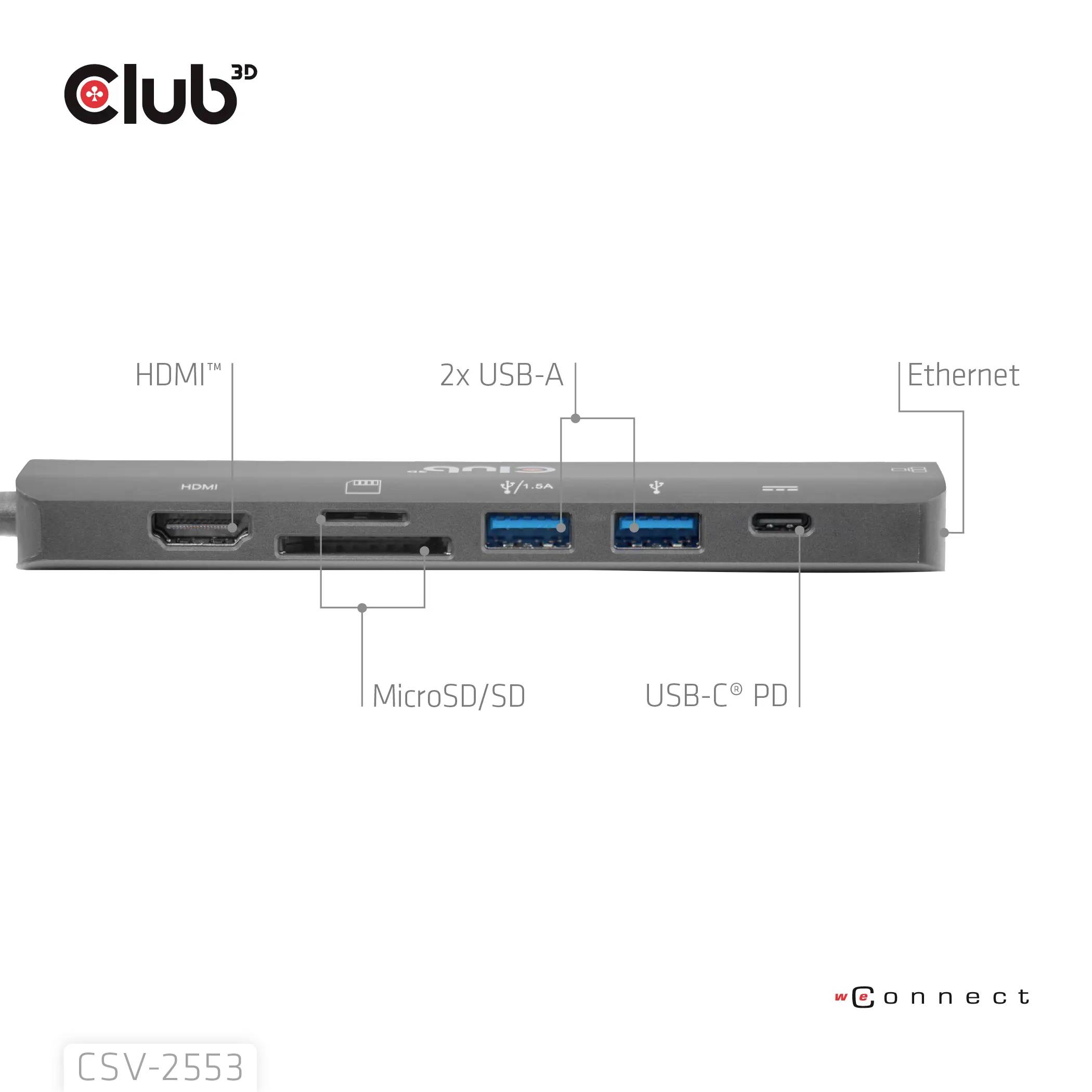 club3D USB-C® Dockingstation CSV-2553 integrierter Kartenleser, USB-C® Power Delivery