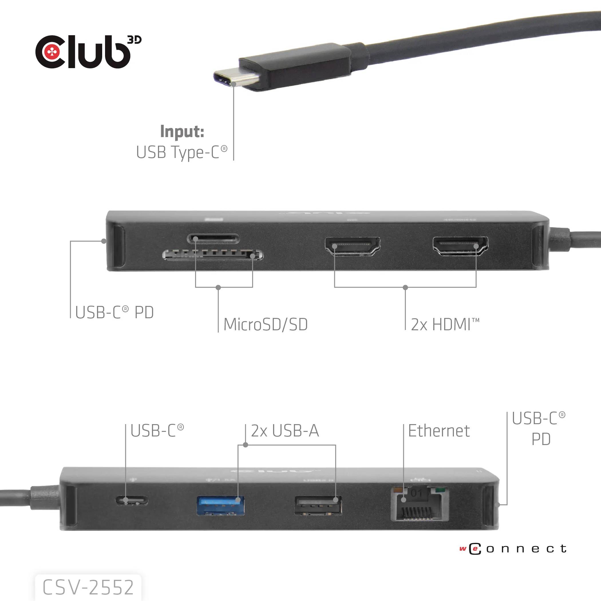 club3D USB-C® Dockingstation CSV-2552 integrierter Kartenleser, USB-C® Power Delivery