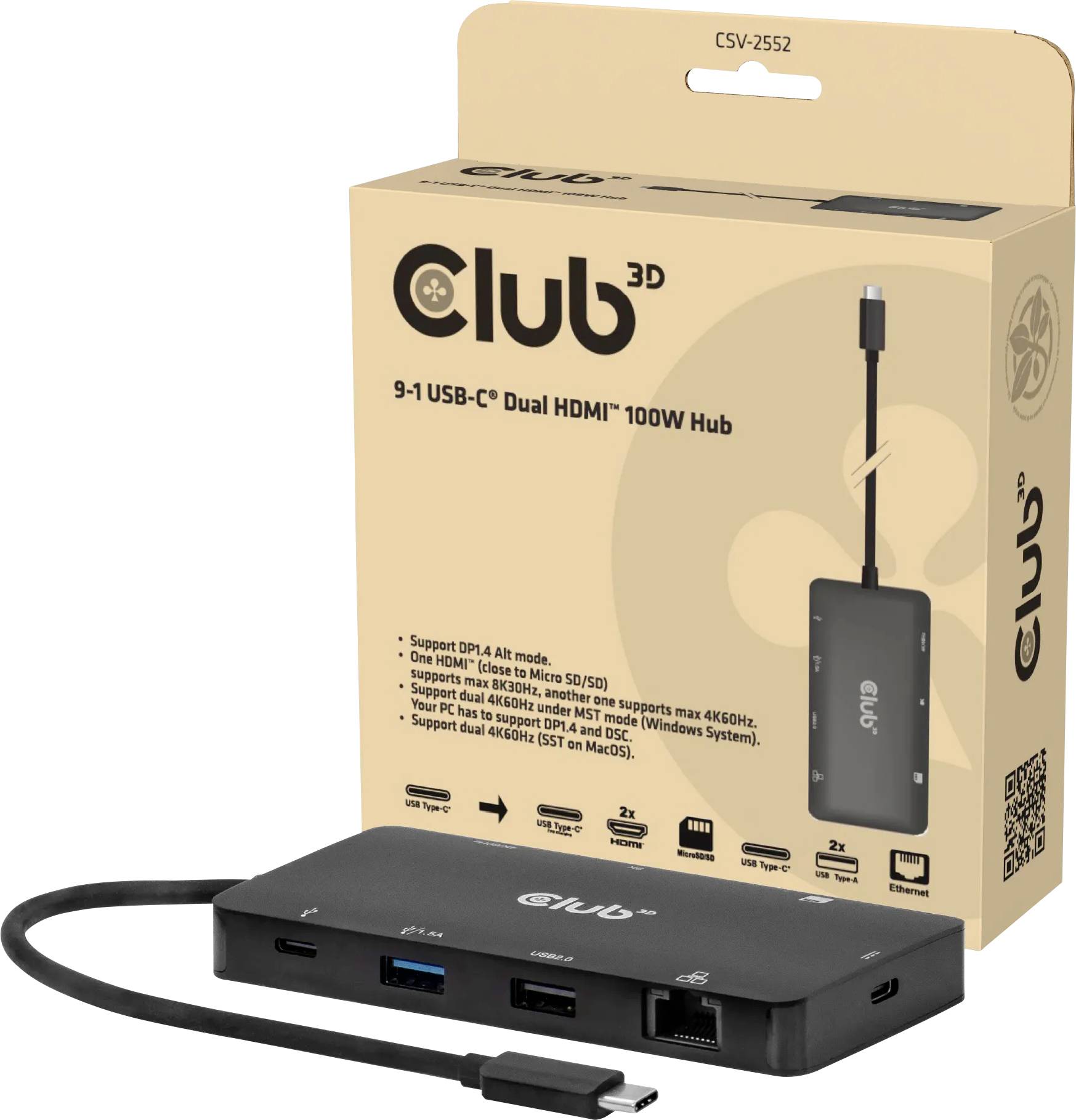 club3D USB-C® Dockingstation CSV-2552 integrierter Kartenleser, USB-C® Power Delivery