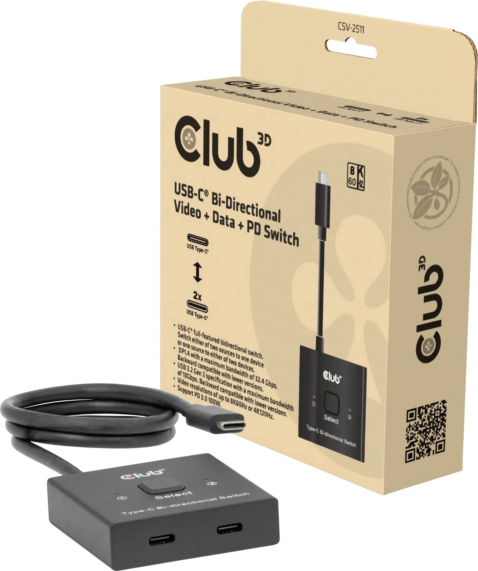 Club 3D USB-C Bi-Direktional Video + Daten + PD Switch Verpackung und Schaltgerät mit zwei USB-C-Anschlüssen und Verbindungskabel.