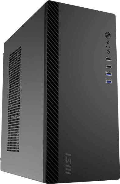 Ein schlanker, schwarzer Computertower mit USB-Anschlüssen und einem Einschaltknopf auf der Frontplatte, der ein minimalistisches Design aufweist.
