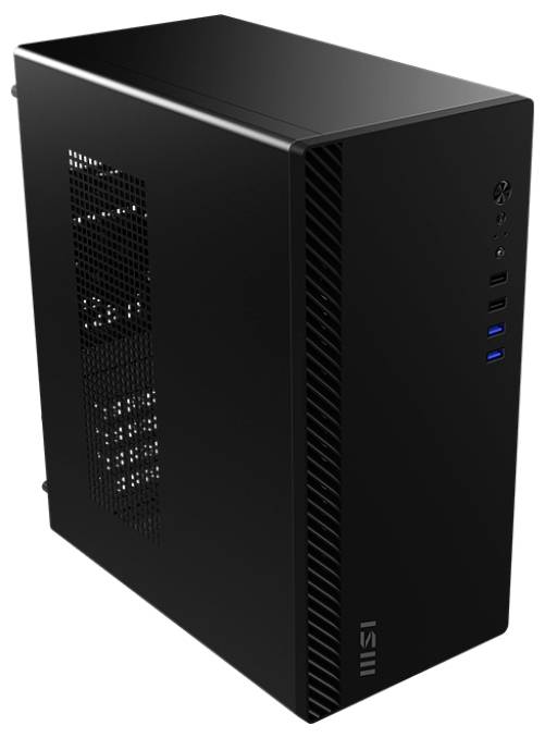 Ein schlanker schwarzer Computertower mit mehreren USB-Anschlüssen und Belüftungsöffnungen, entwickelt für effiziente Leistung und Kühlung.