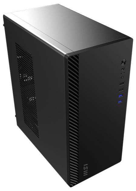 Ein schlanker schwarzer Desktop-Computer-Tower mit einem Mesh-Seitenpanel zur Belüftung und vorderen USB-Anschlüssen.